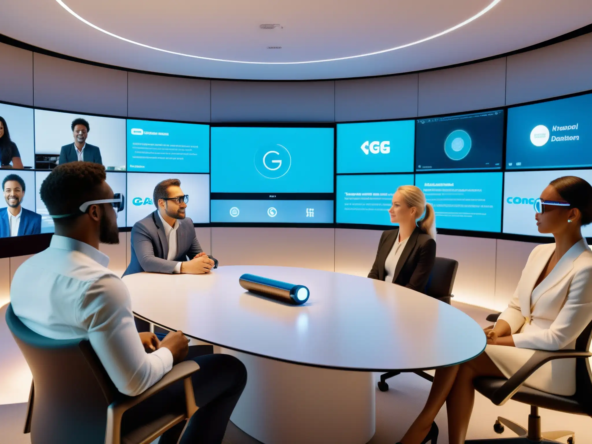Conferencia de video 5G con AR y hologramas Profesionales interactúan con hologramas en una videoconferencia 5G