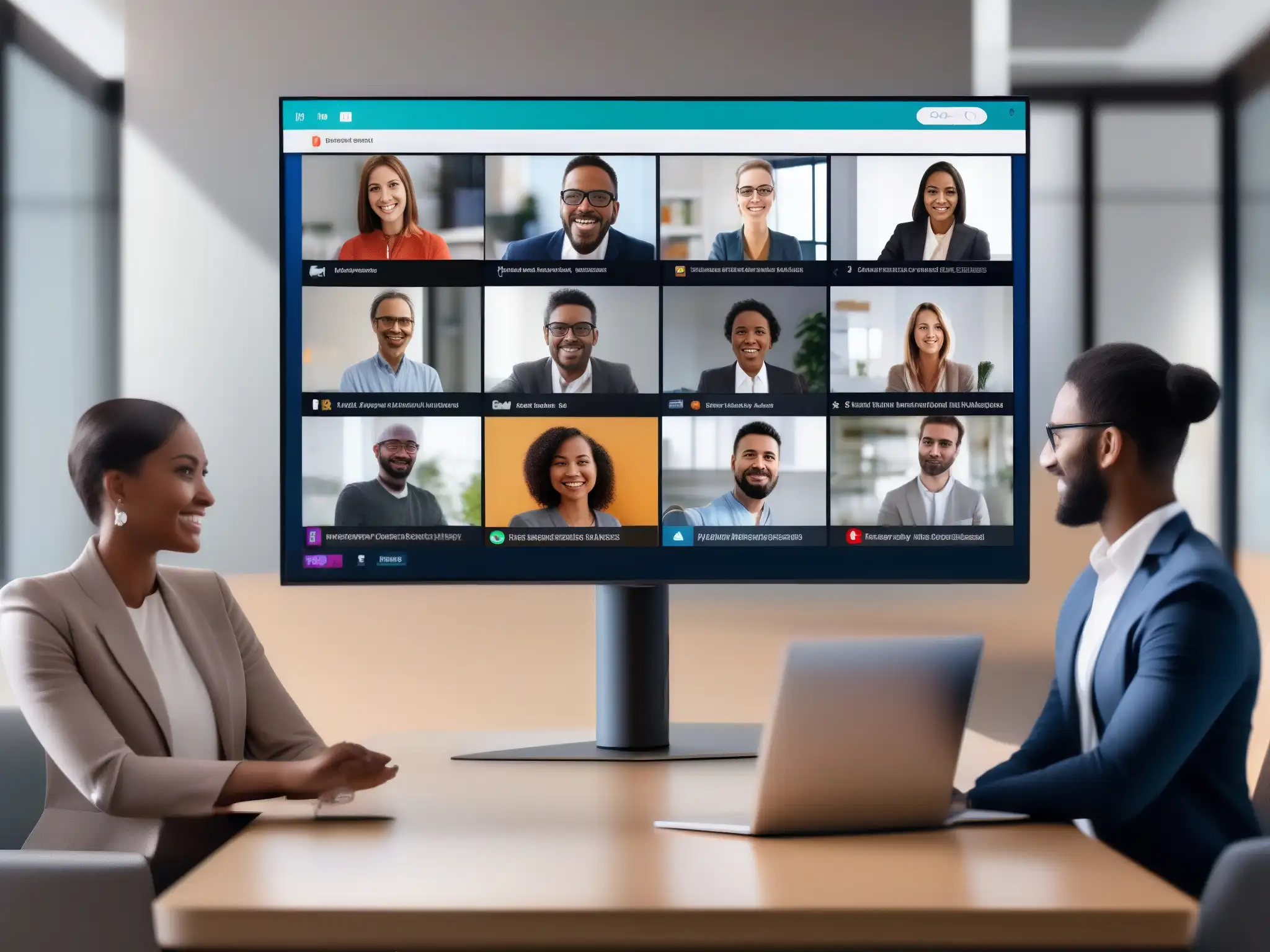 Profesionales comprometidos en videoconferencia dinámica Profesionales de diferentes industrias interactúan con herramientas de videoconferencia, mostrando compromiso y satisfacción