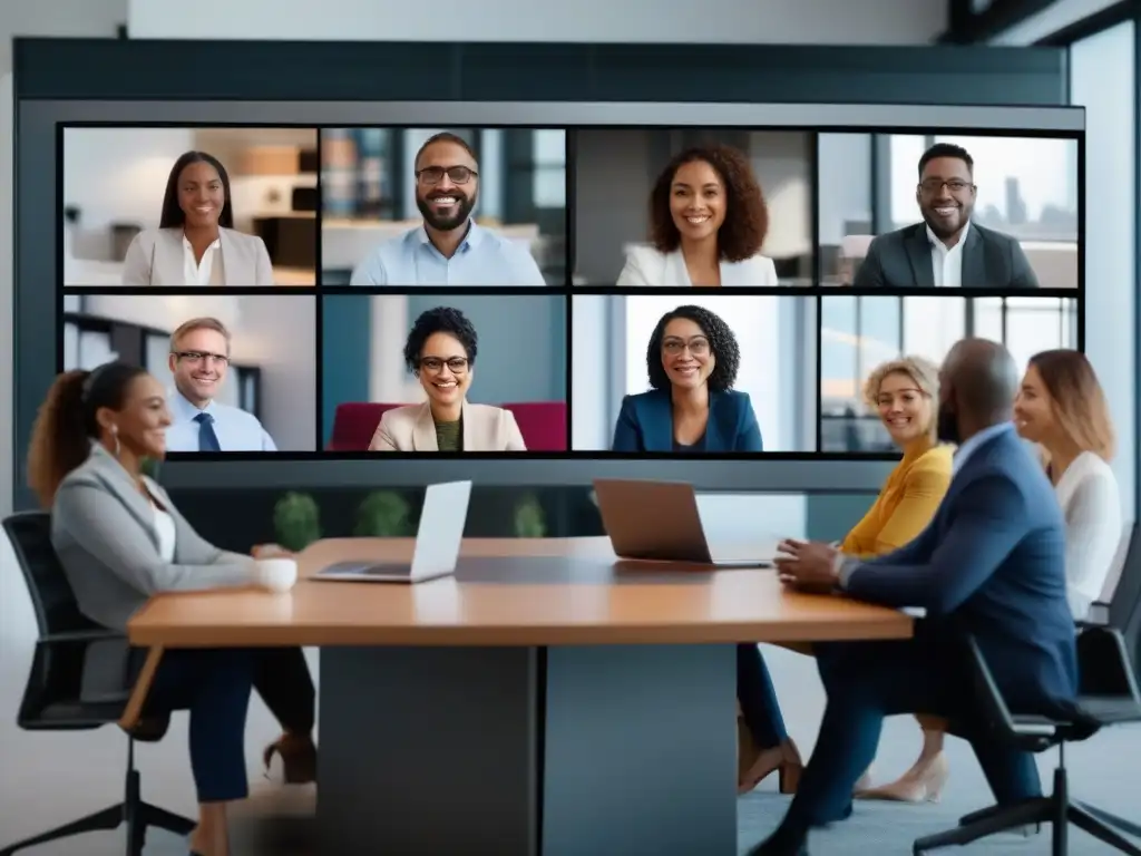 Videoconferencia profesional: diversidad e inclusión en acción Profesionales de diversas industrias participando activamente en una videoconferencia de alta calidad
