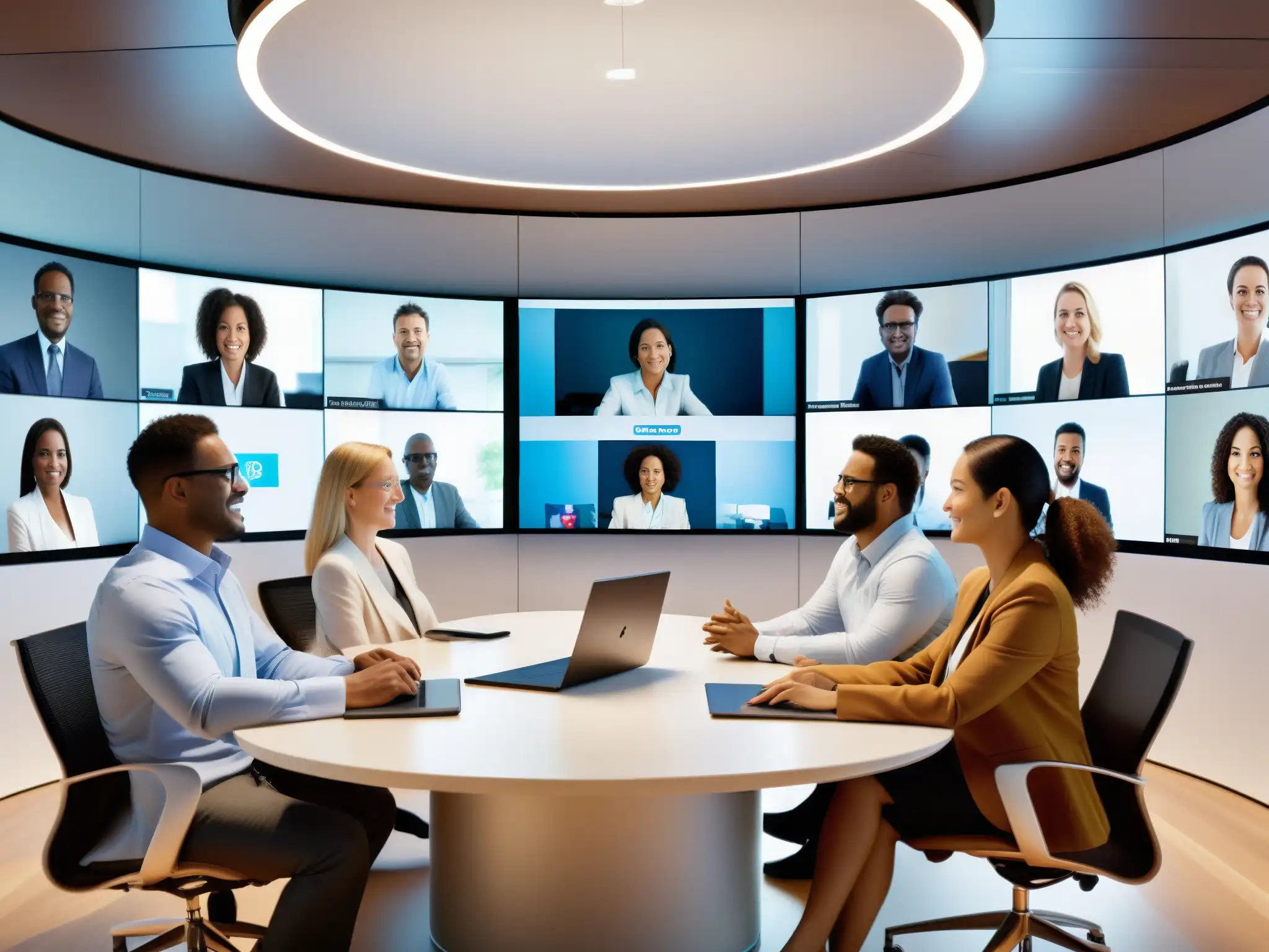 Conferencia virtual global de profesionales Profesionales de diversas industrias colaboran en una videoconferencia global, mostrando la eficacia de Lifesize para eventos virtuales globales