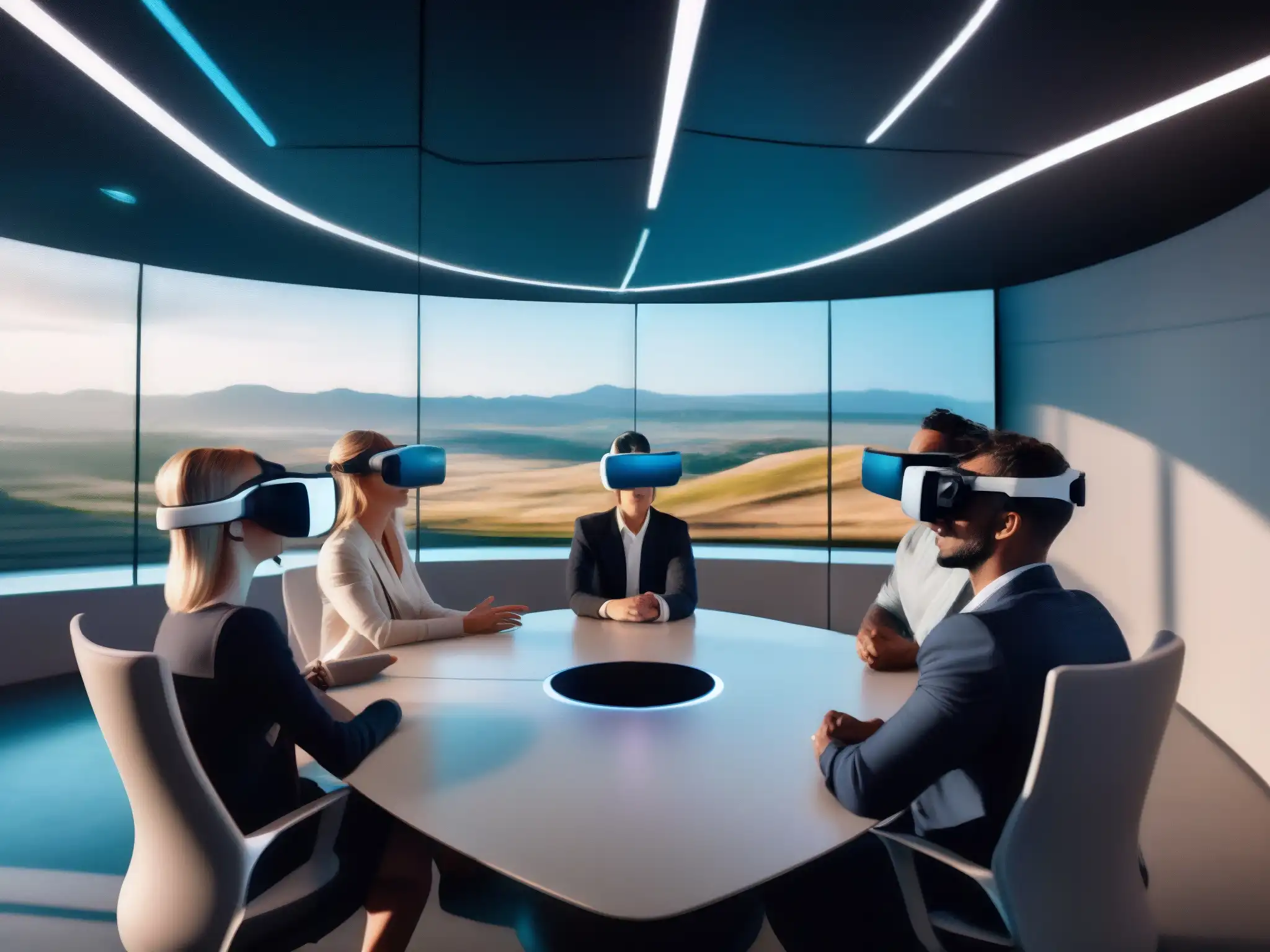 Profesionales en reunión virtual con VR en sala futurista Profesionales inmersos en configuración entorno realidad virtual videoconferencias, colaborando en sala futurista con vistas virtuales