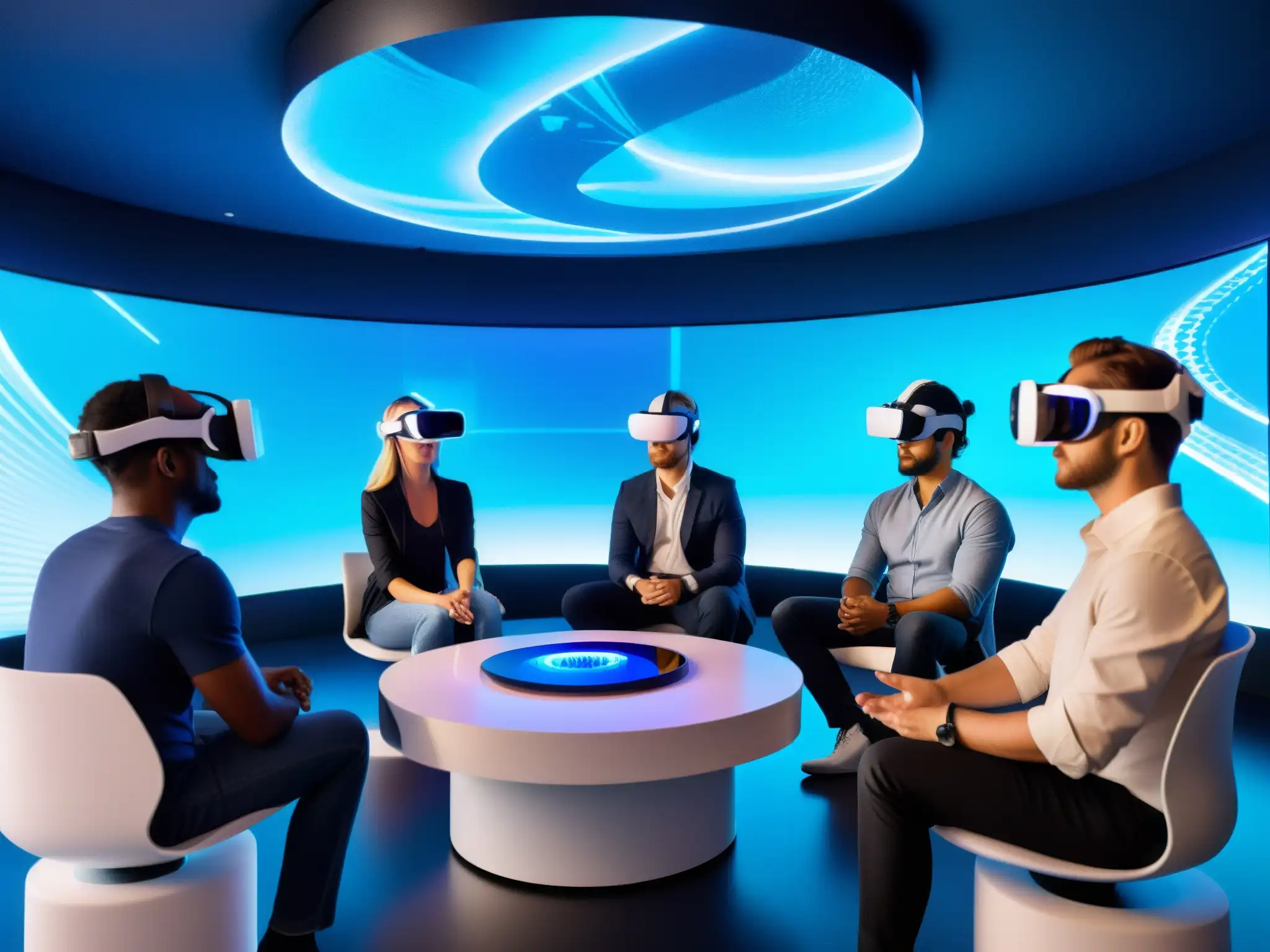 Profesionales inmersos en realidad virtual en sala futurista Profesionales inmersos en configuración entorno realidad virtual videoconferencias, interactuando en sala futurista con hologramas y pantallas 3D