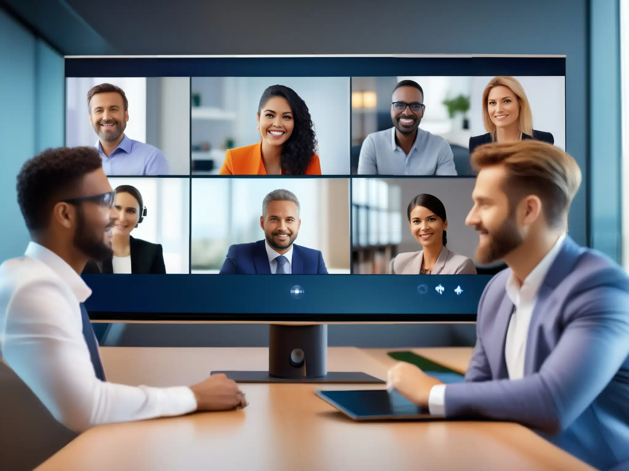 Videoconferencia profesional en 8K: inmersión total y claridad excepcional Profesionales inmersos en videoconferencia de alta resolución, reflejando el futuro de las videoconferencias
