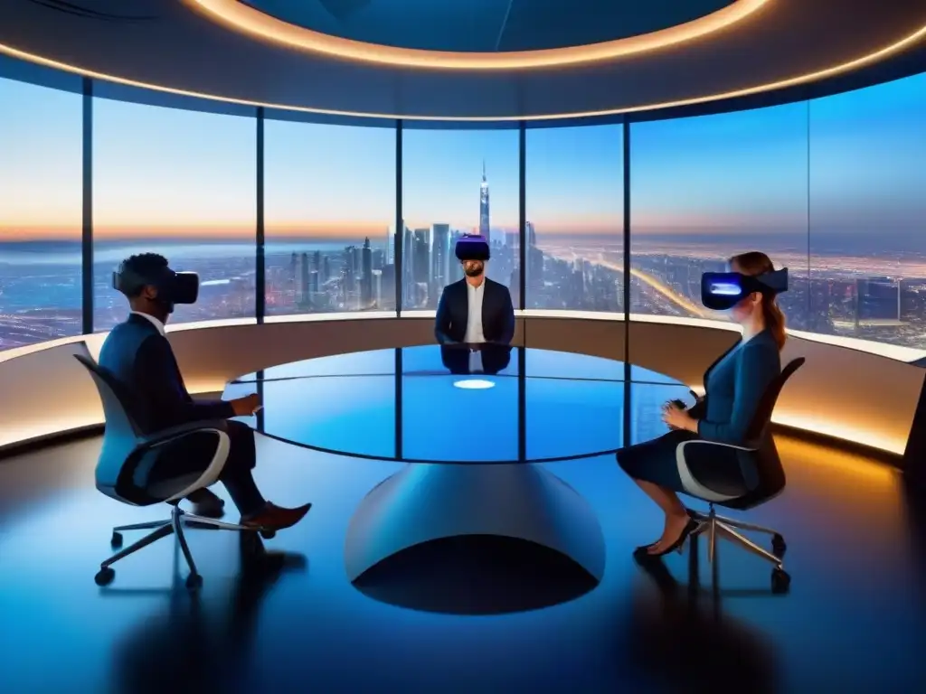Conferencia de realidad virtual futurista Profesionales con headsets VR participan en una innovadora videoconferencia