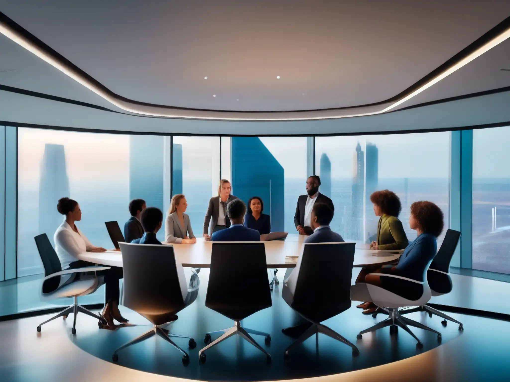 Conferencia global de negocios en sala futurista Profesionales innovadores en videoconferencia con nuevos jugadores del mercado, en una sala de reuniones futurista con vistas a la ciudad