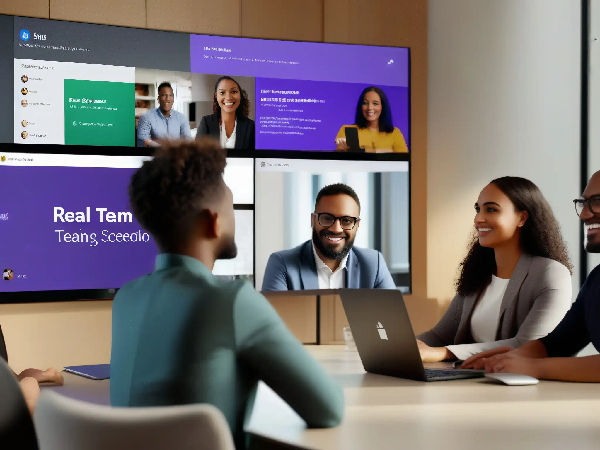 Equipo diverso colaborando en Microsoft Teams Profesionales colaborando en Microsoft Teams, mostrando integración y colaboración en Microsoft Teams en una oficina contemporánea