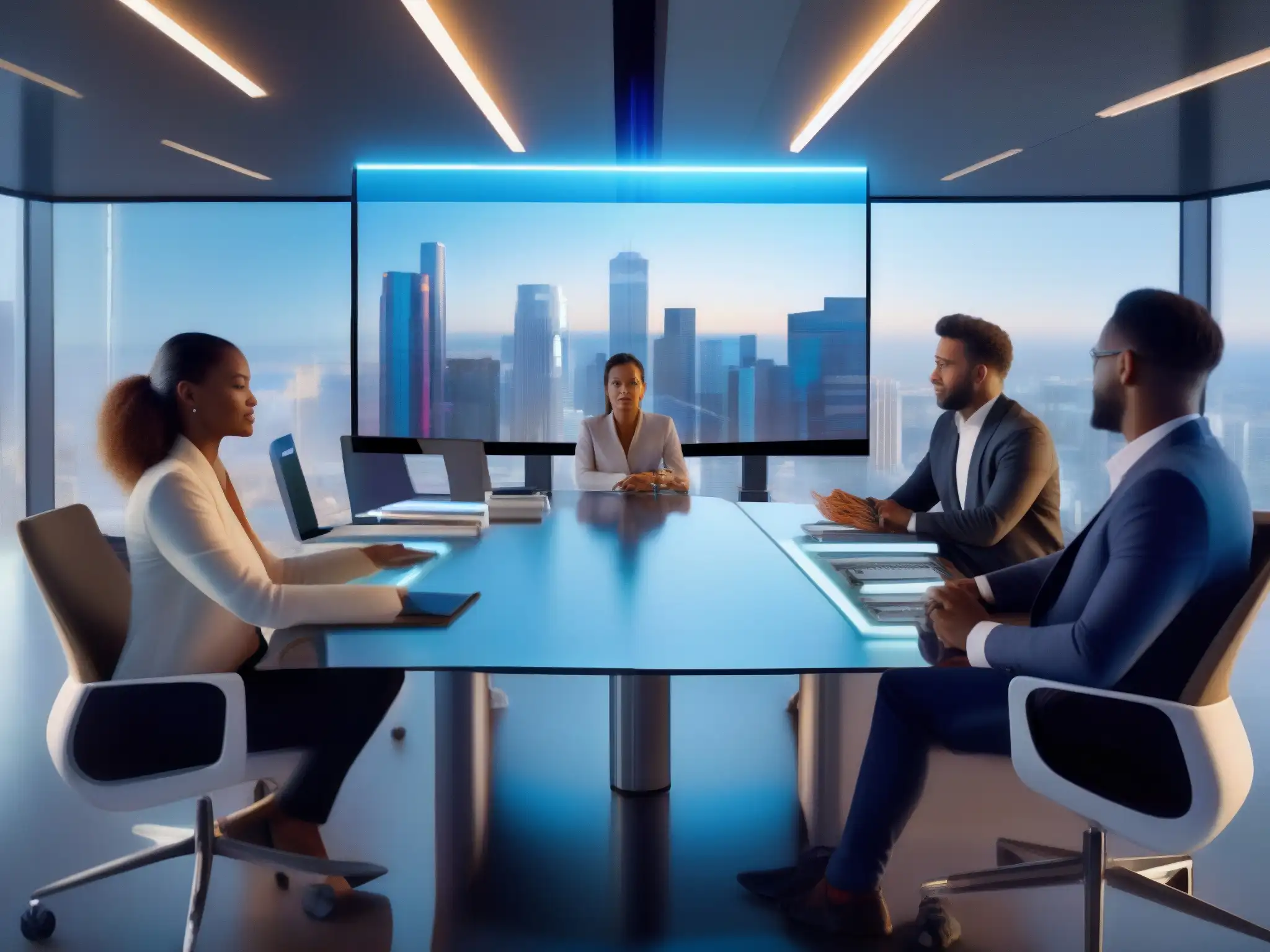 Profesionales colaboran en videoconferencia con tecnología AI Profesionales diversos discuten la integración de IA en videoconferencias, rodeados de tecnología futurista