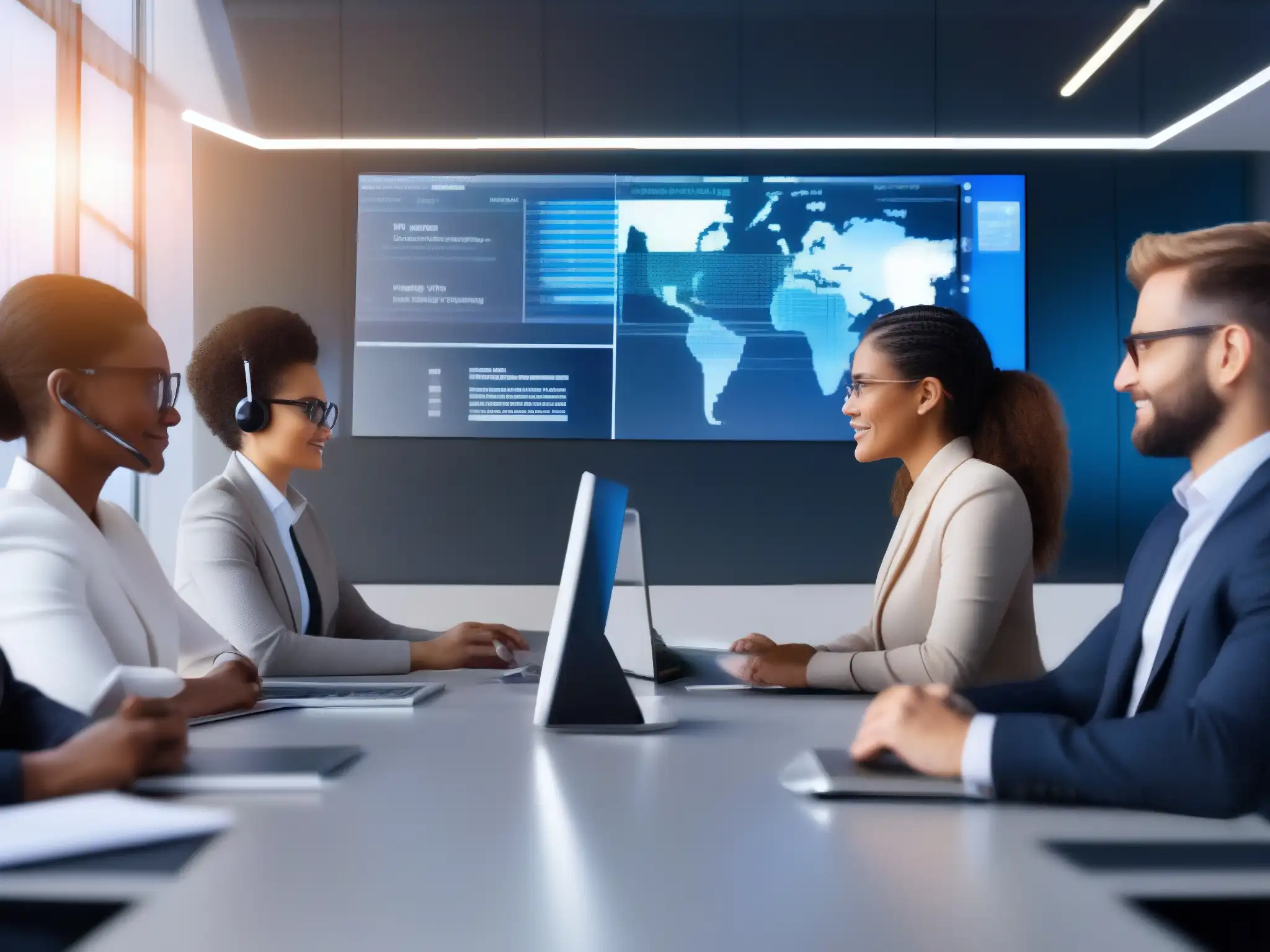 Reunión virtual de profesionales: trabajo en equipo y empatía Profesionales diversos participan con inteligencia emocional en videoconferencias, fomentando la cohesión y productividad en entornos híbridos