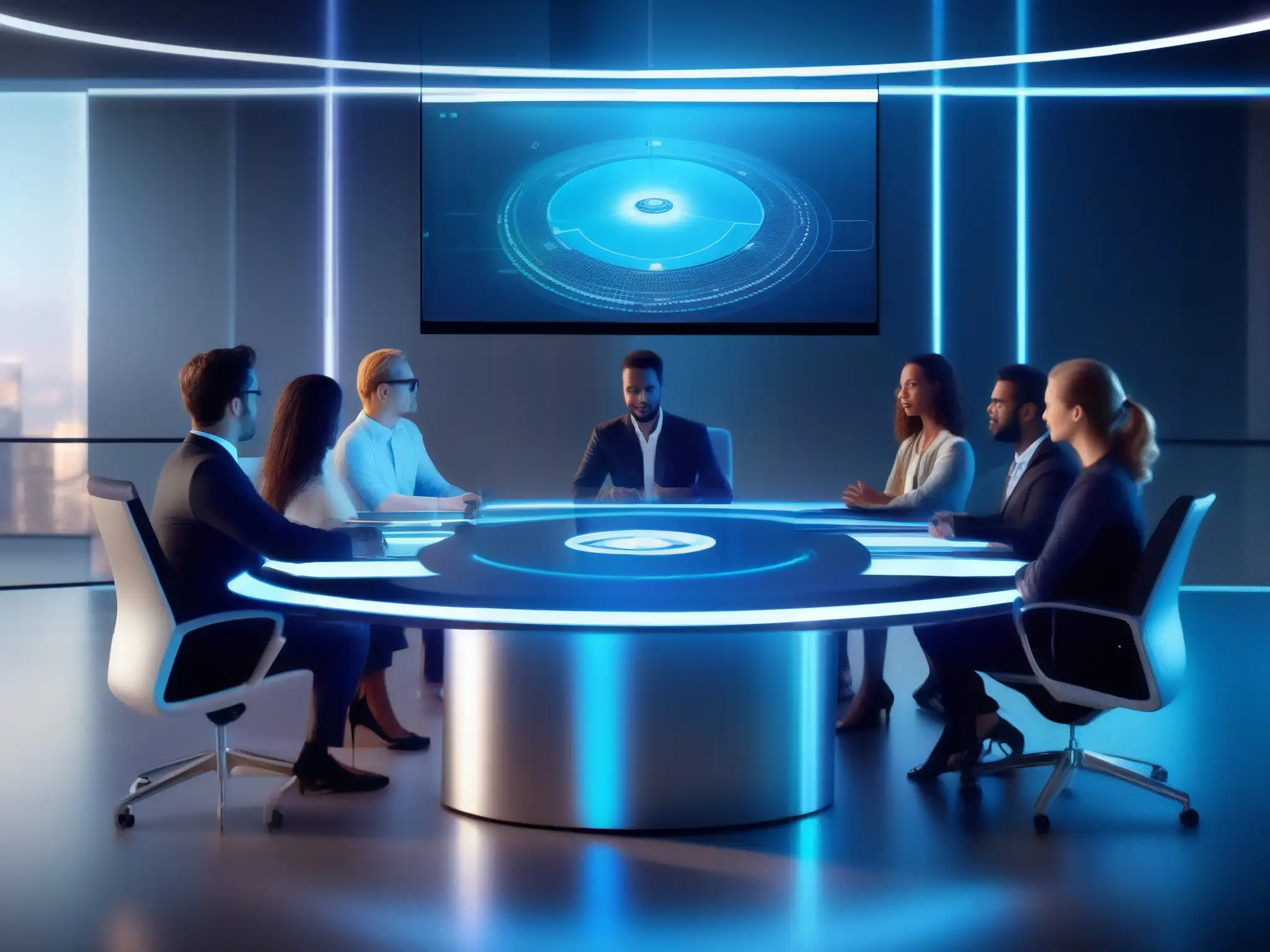 Conferencia futurista: profesionales interactúan en holograma Profesionales interactúan con herramientas de videoconferencia en una mesa futurista