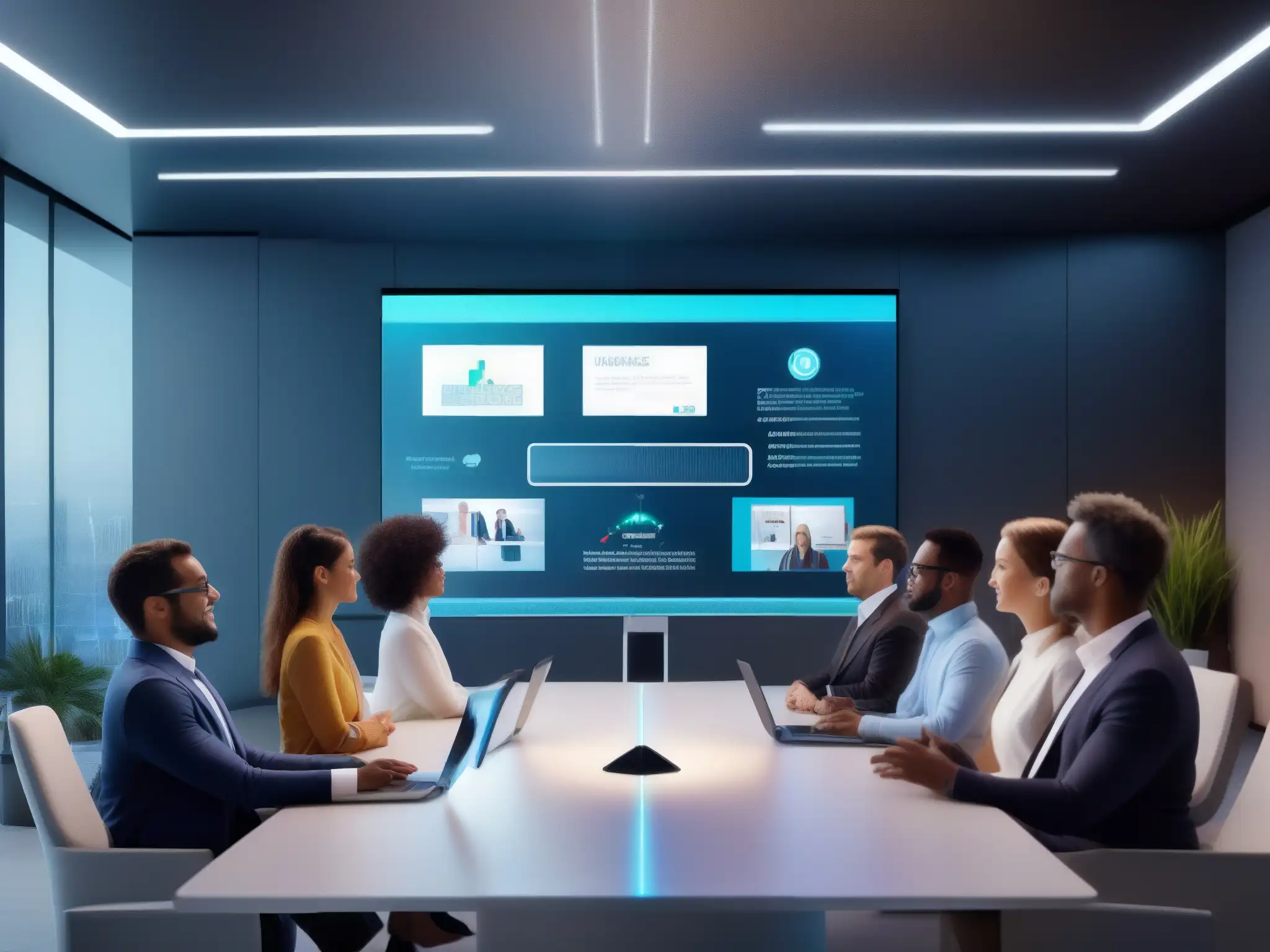 Reunión virtual futurista con AI: Evolución de la colaboración Profesionales interactúan con IA en una videoconferencia futurista