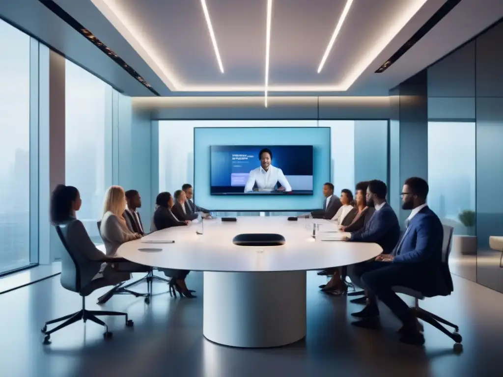Sala de conferencias 5G: Profesionalismo y conectividad Profesionales interconectados en videoconferencia 5G en sala futurista