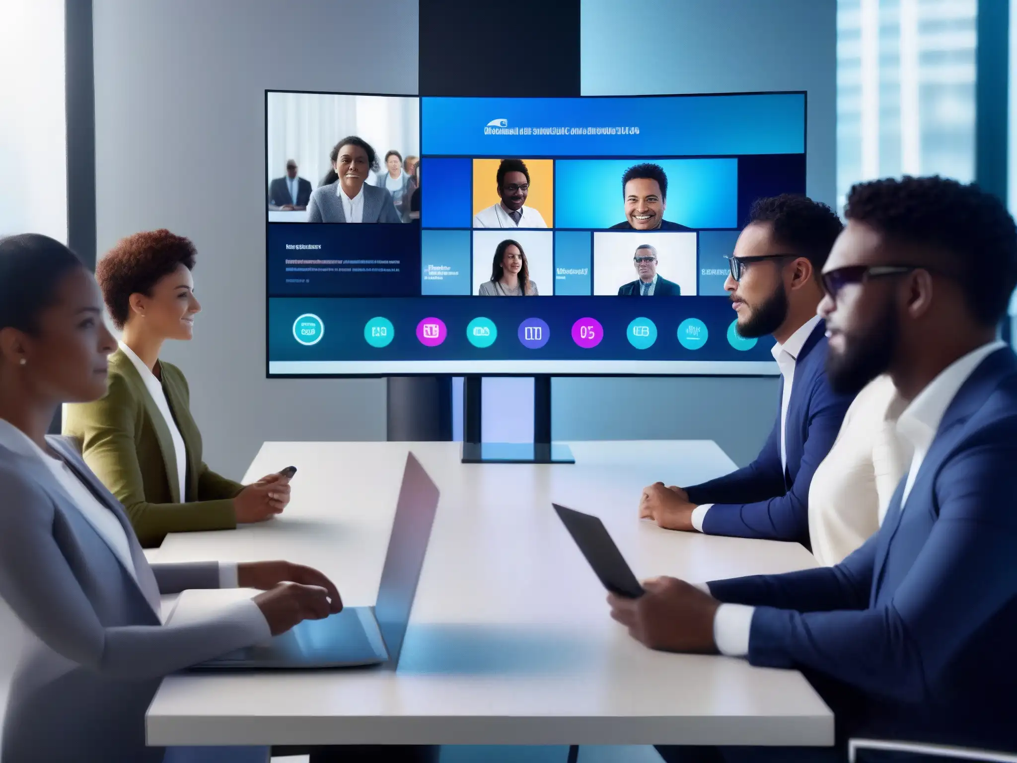 Videoconferencia personalizada para profesionales: interfaces digitales a medida en un entorno futurista Profesionales diversos personalizan sus interfaces en videoconferencia, creando un entorno futurista y tecnológico de alta personalización de herramientas de interfaz