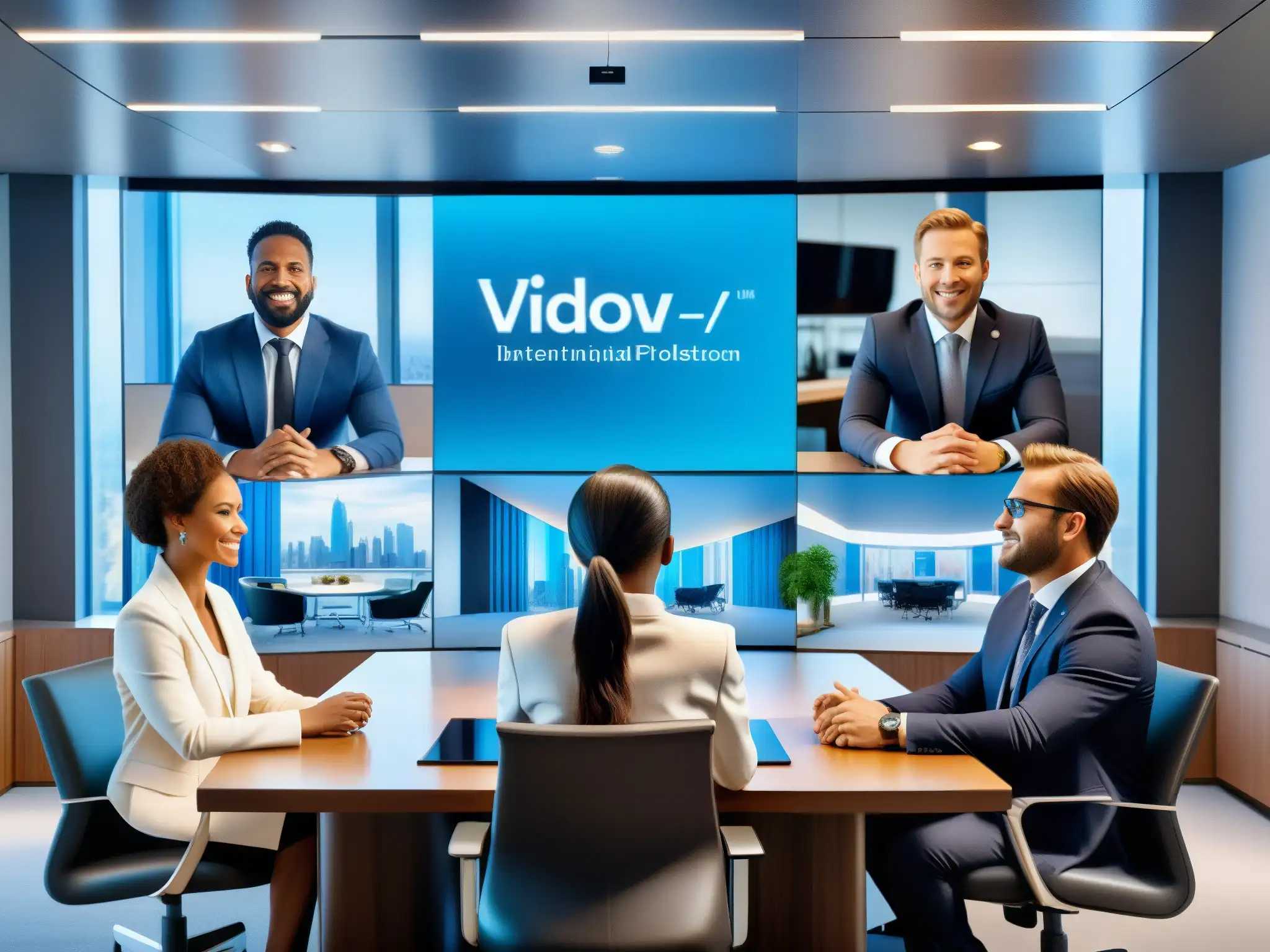 Videoconferencia profesional con expertos internacionales Profesionales internacionales en videoconferencia, conectividad y soluciones en un ambiente moderno y profesional