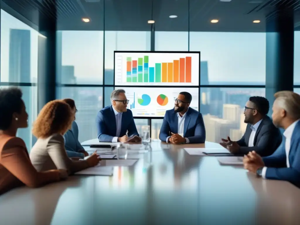Inversores y profesionales en una reunión colaborativa Profesionales e inversores colaborando en una reunión, con gráficos y una atmósfera innovadora
