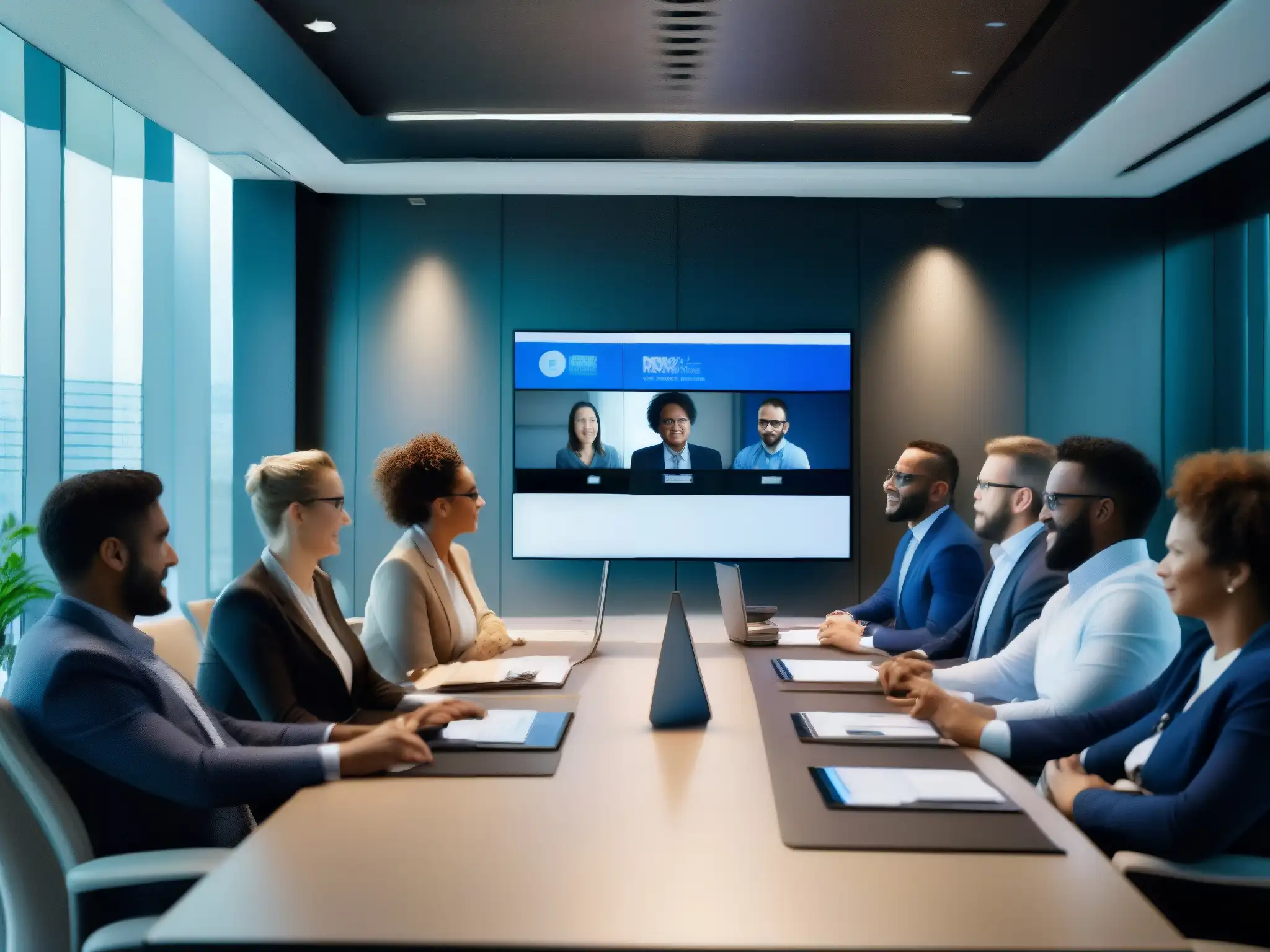 Profesionales de IT discuten seguridad en videoconferencia Profesionales de IT en videoconferencia mundial, discutiendo seguridad en plataformas de videoconferencia en una sala moderna y luminosa
