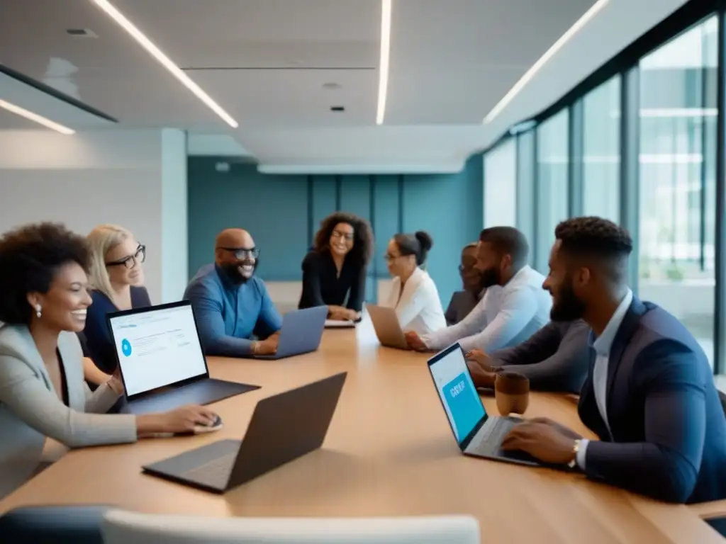 Profesionales colaborando con Jitsi Meet Profesionales colaboran con Jitsi Meet para mejorar productividad y colaboración en una oficina moderna y luminosa