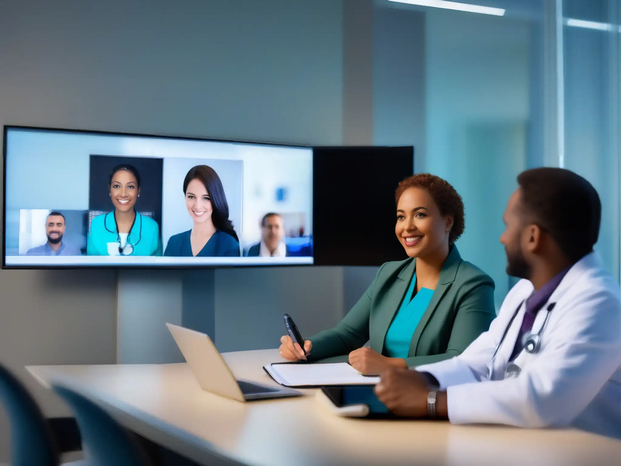 Telemedicina: Equipo médico diverso en consulta virtual Profesionales médicos utilizan videoconferencias para telemedicina, brindando atención de alta calidad de manera comprometida y experta
