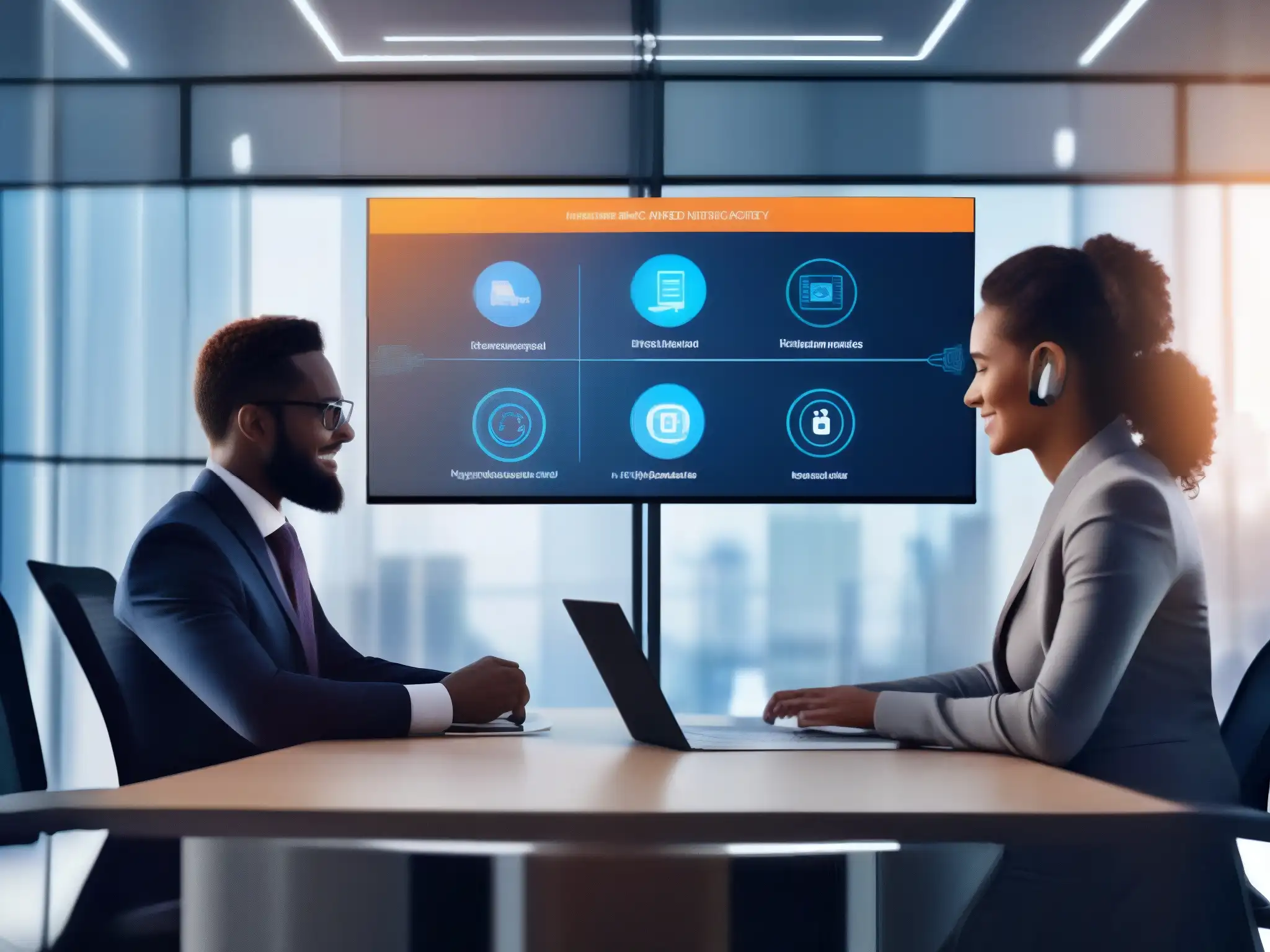 Videoconferencia segura: profesionales discuten medidas de seguridad Profesionales discuten medidas de seguridad postreunión videoconferencias en una sala virtual futurista con indicadores de datos encriptados