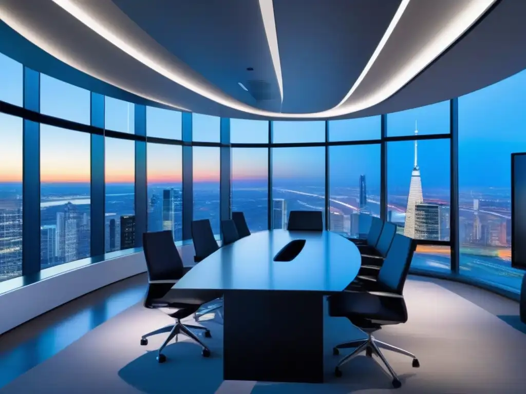 Sala de videoconferencias futurista con vista a la ciudad Profesionales utilizan la mejor herramienta colaboración videoconferencias en sala futurista con vista a la ciudad