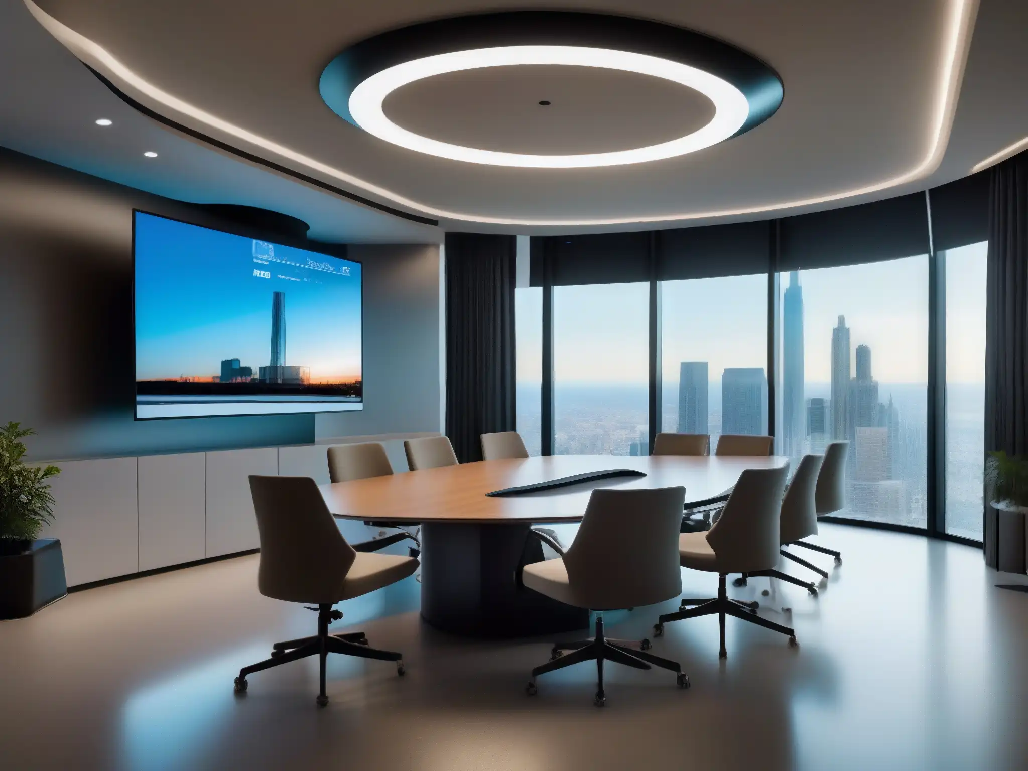 Conferencia virtual futurista con IA en elegante espacio de oficina Profesionales disfrutan de mejoras en videoconferencias con IA en un espacio futurista y minimalista, en una reunión virtual productiva