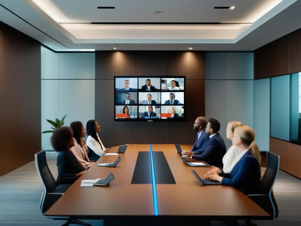 Videoconferencia profesional de baja latencia con tecnología de vanguardia Profesionales usando las mejores herramientas para reducir latencia en una sala de conferencias moderna