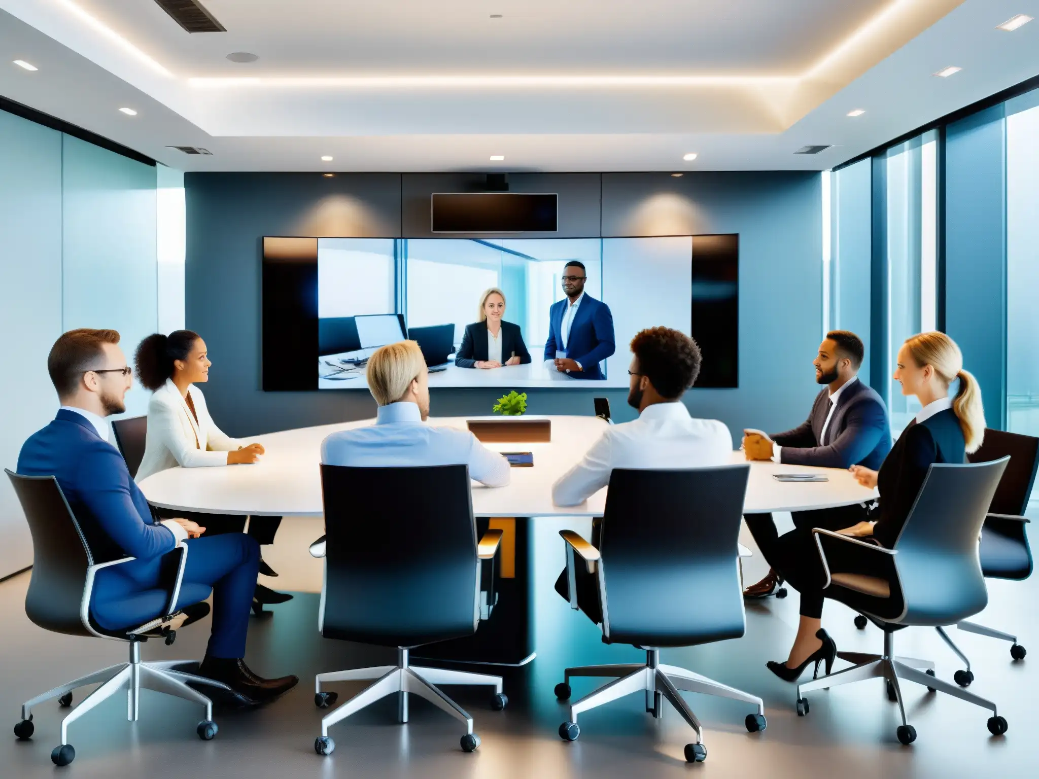 Reunión profesional en sala moderna con videoconferencia de alta tecnología Profesionales usando las mejores herramientas de videoconferencia para equipos remotos en una oficina moderna y elegante