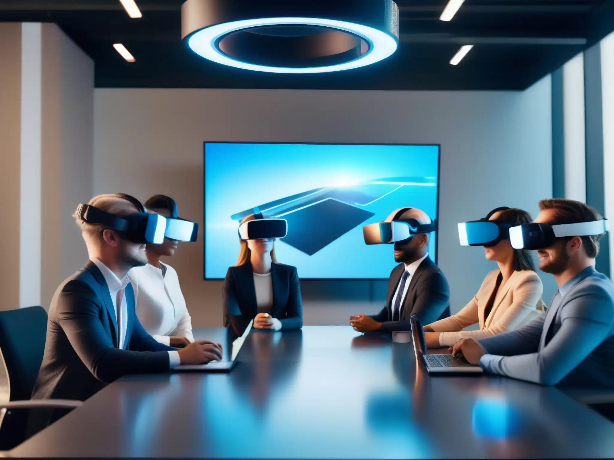Videoconferencia de Realidad Aumentada en Oficina Futurista Profesionales usando las mejores herramientas de videoconferencia en realidad aumentada en una oficina moderna