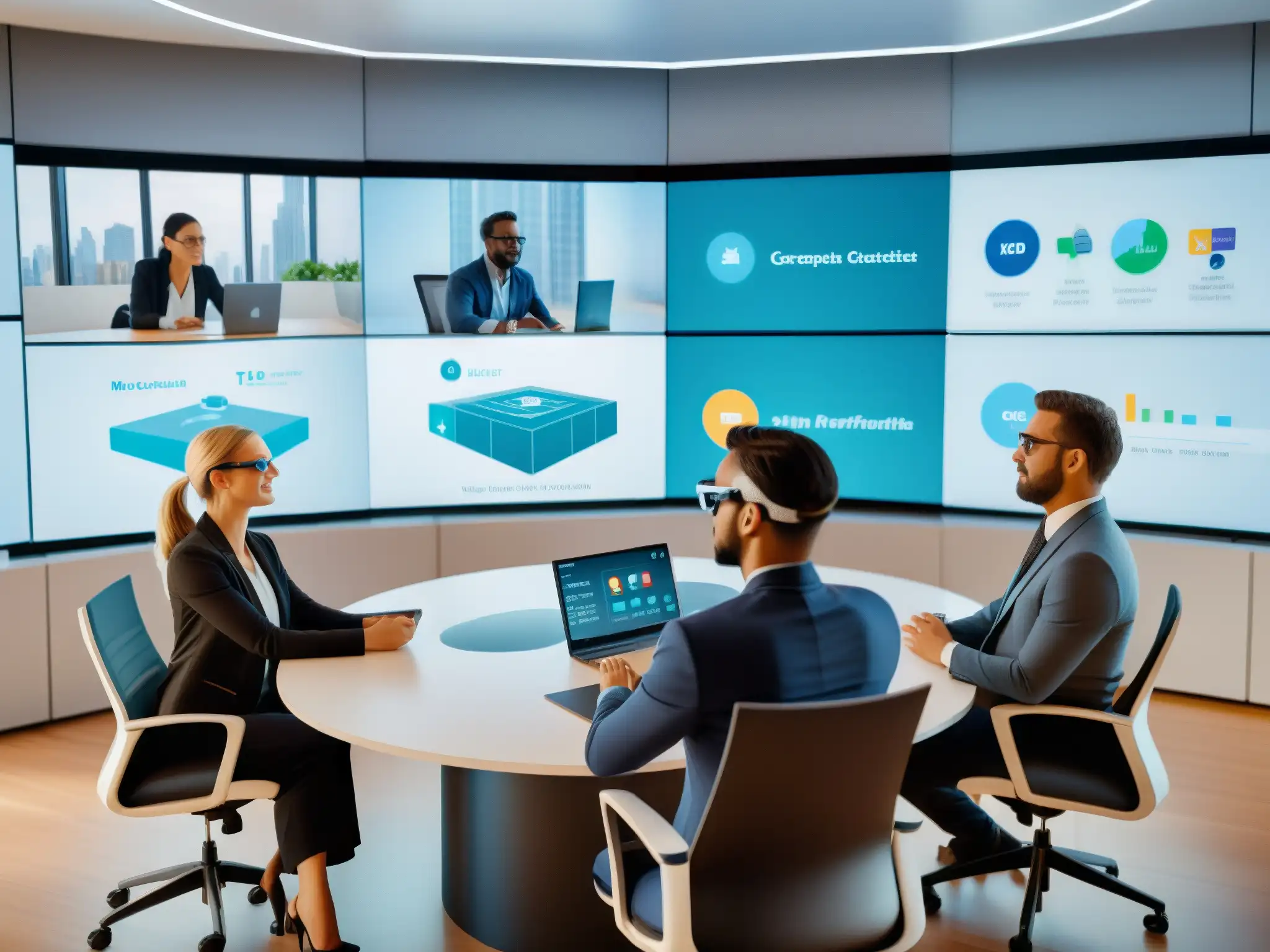 Reunión de profesionales con gafas AR y visualizaciones 3D Profesionales usan las mejores herramientas de videoconferencia en una reunión de realidad aumentada con proyecciones 3D y visualizaciones de datos