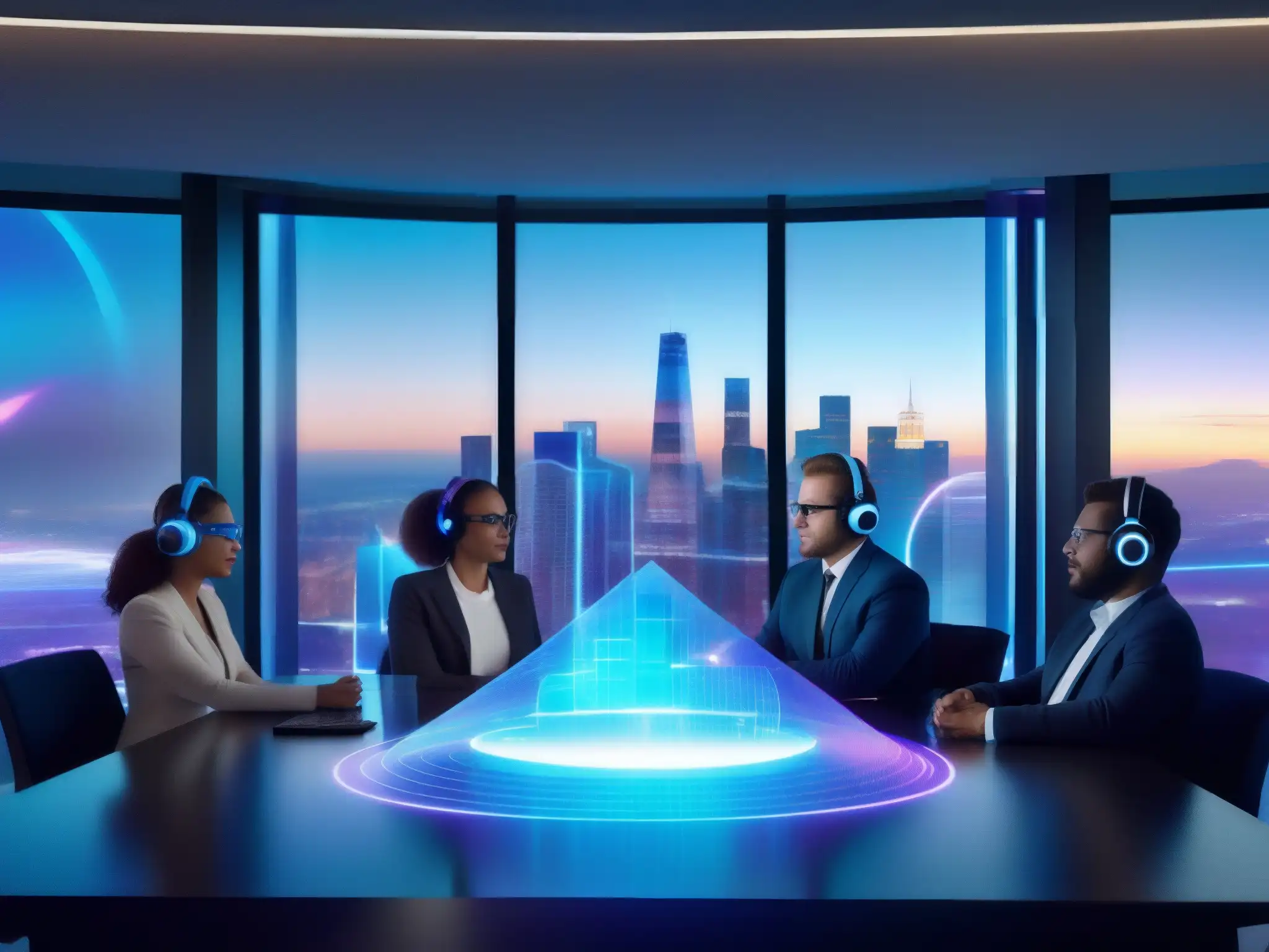 Profesionales interactúan con AR en una reunión de innovación Profesionales usando las mejores herramientas de videoconferencia en realidad aumentada, colaborando con hologramas y visualizaciones de datos en una sala moderna con vista a la ciudad
