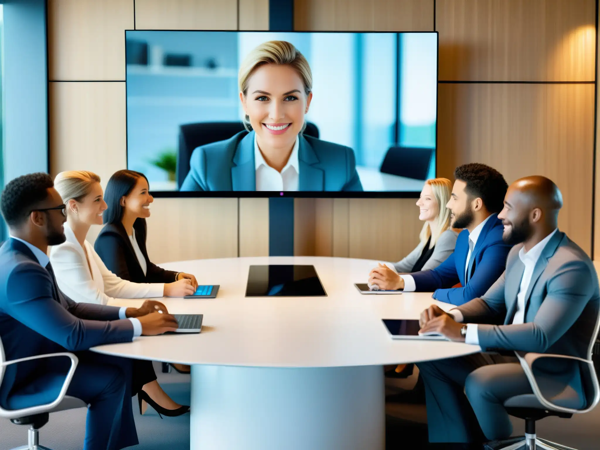 Reunión de profesionales con software de videoconferencia moderno Profesionales usando las mejores herramientas videoconferencia profesionales en una reunión productiva en una oficina moderna