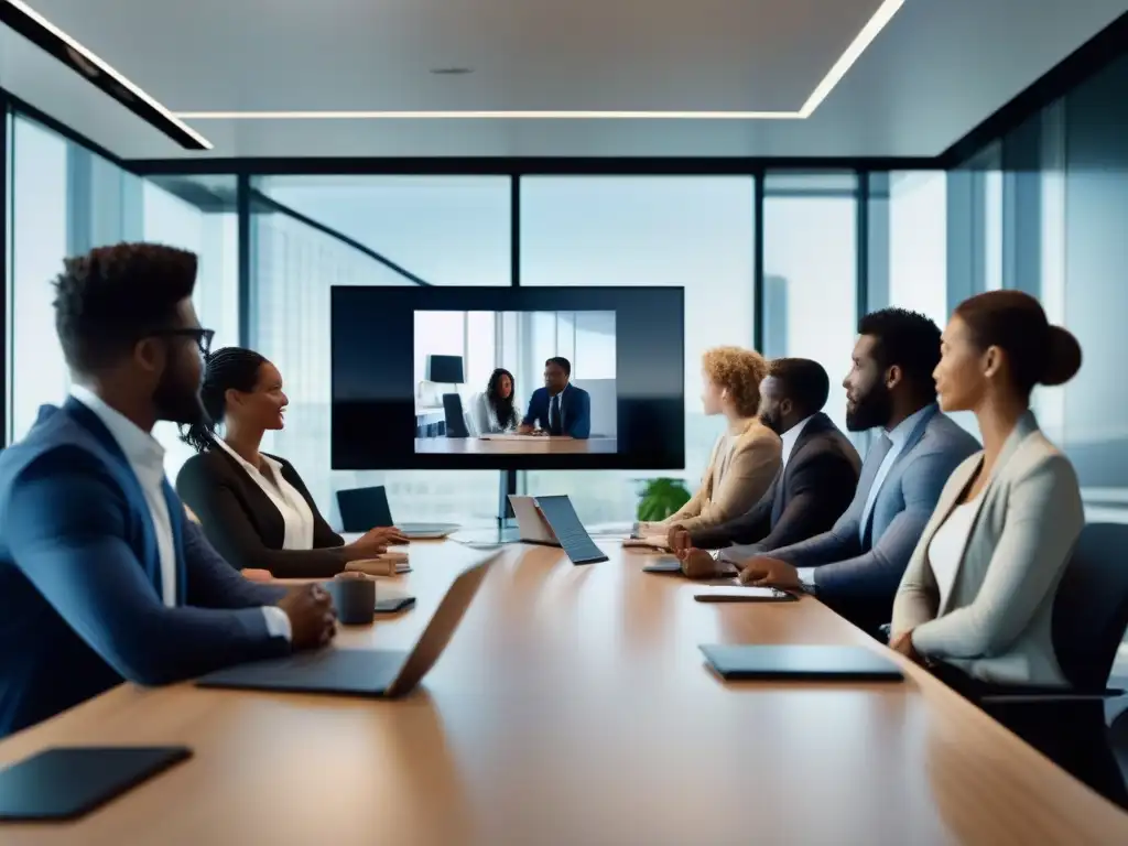 Reunión virtual innovadora en una oficina moderna Profesionales colaborando con las mejores herramientas de videoconferencia en un ambiente moderno y dinámico con equipos remotos