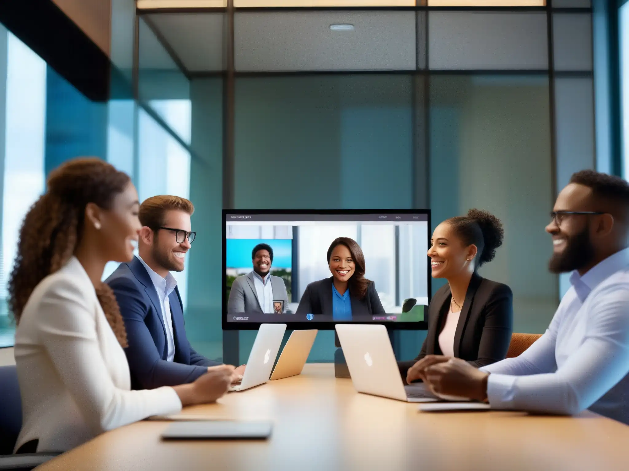 Videoconferencia profesional con GoToMeeting y Salesforce Profesionales usan las mejores herramientas videoconferencia profesionales para una reunión productiva y colaborativa en un espacio moderno y luminoso