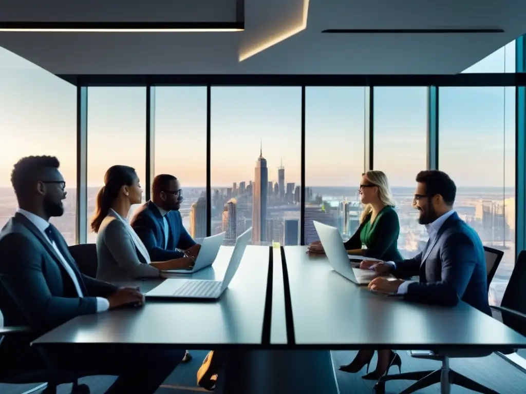 Reunión de profesionales en espacio de trabajo moderno Profesionales en una mesa de conferencias, colaboración efectiva con Webex y CRM en un ambiente moderno y dinámico
