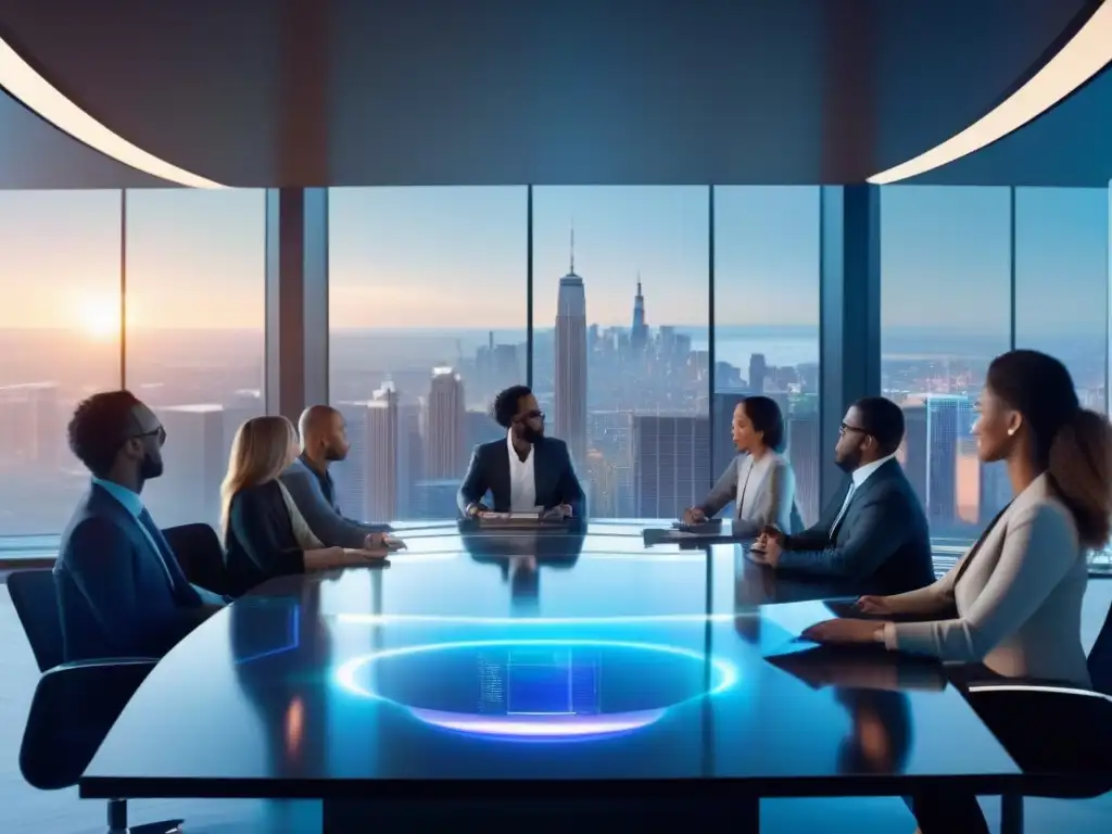 Reunión virtual futurista: profesionales colaborando en hologramas Profesionales en mesa de conferencias futurista utilizando tecnologías emergentes para videoconferencias en un entorno profesional
