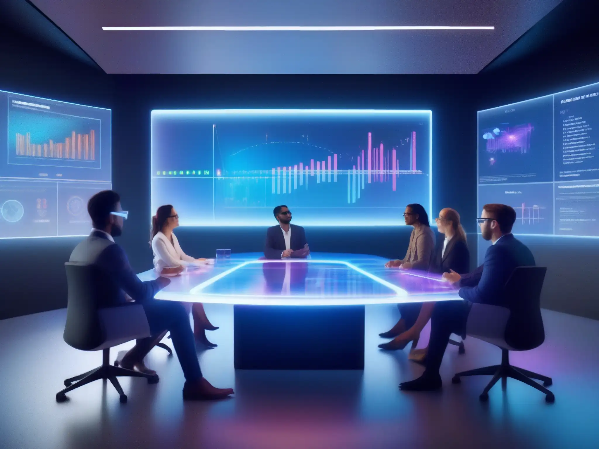 Reunión de profesionales con realidad aumentada Profesionales interactúan en mesa holográfica, con gráficos 3D y AR