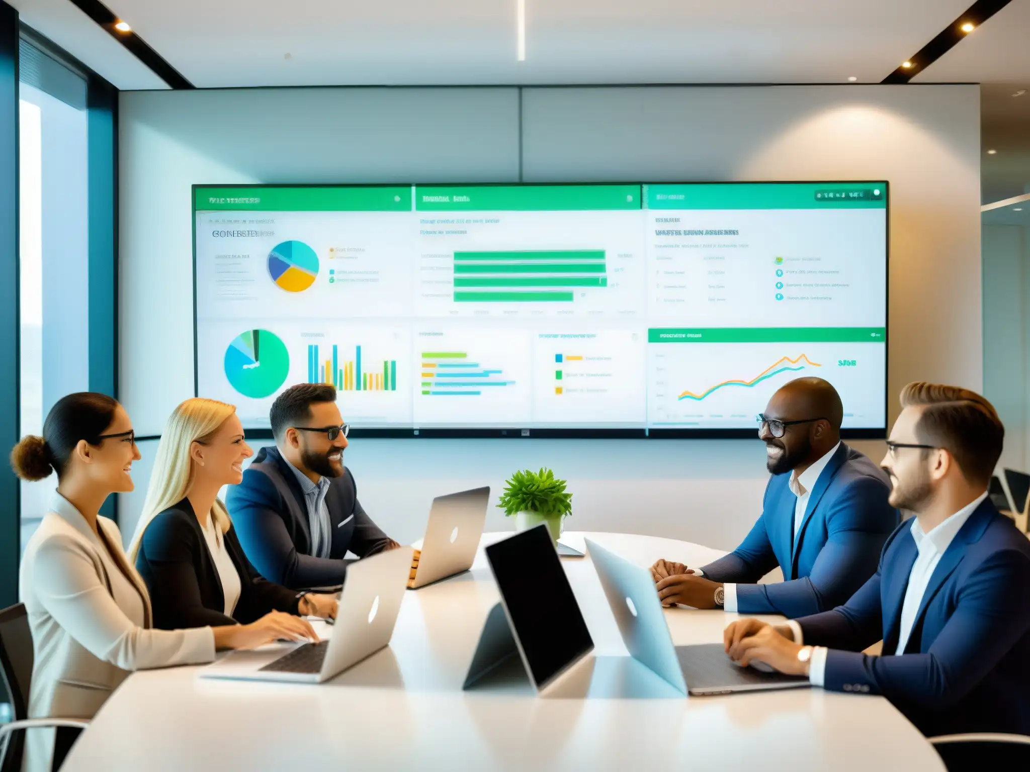 Reunión productiva: profesionales innovadores en acción Profesionales colaborando efectivamente con Webex y CRM en una moderna y luminosa oficina, discutiendo ideas y viendo datos en pantalla