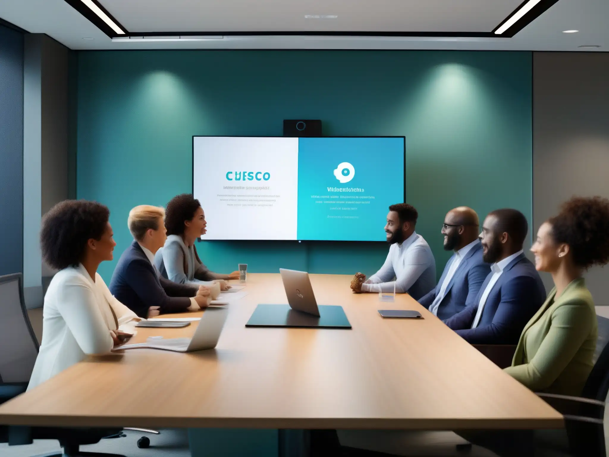 Profesionales usando Cisco Webex en una oficina moderna Profesionales colaborando con Cisco Webex en una moderna oficina