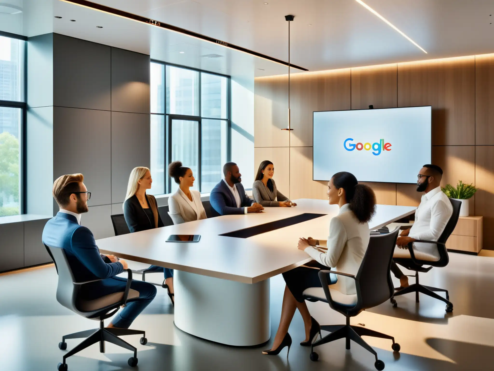 Sala de reuniones moderna y colaborativa con Google Meet Profesionales usan Google Meet en moderna oficina