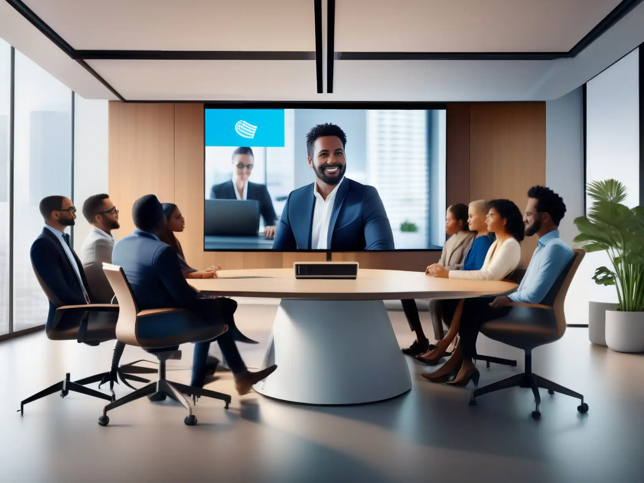 Reunión virtual de profesionales en oficina moderna Profesionales colaborando en una moderna oficina con bots para videoconferencias eficientes
