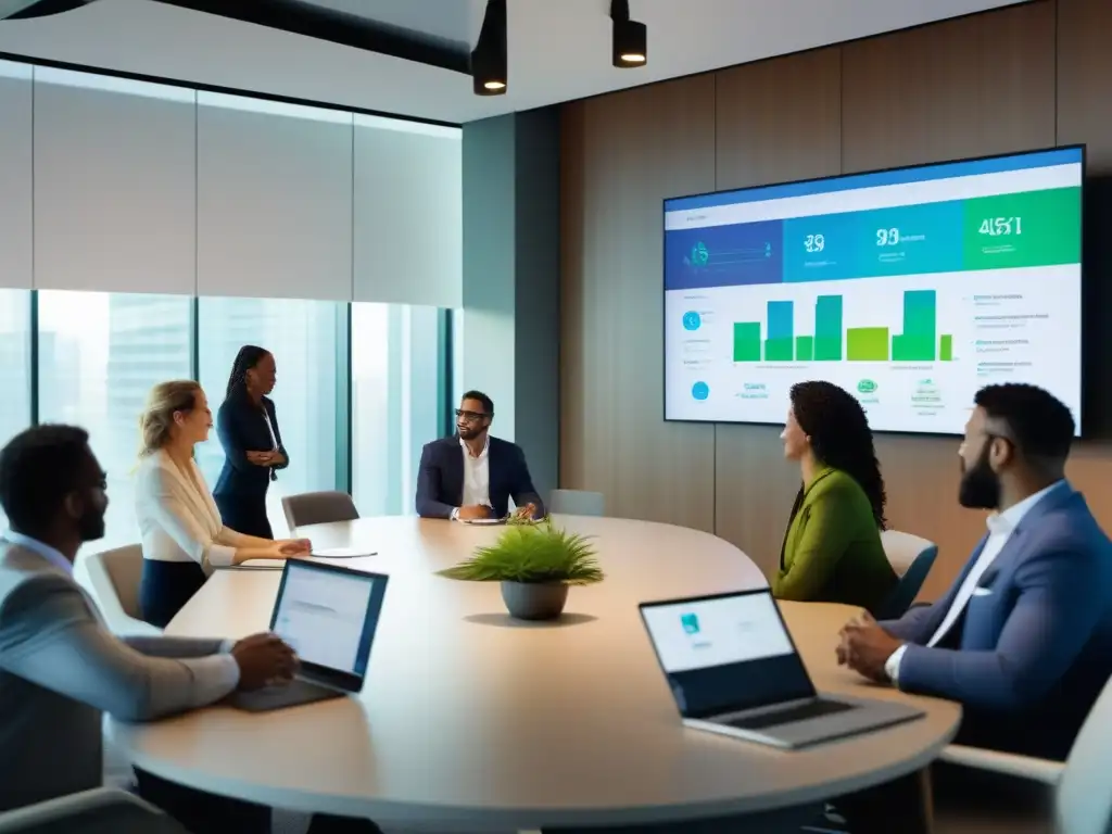 Reunión de profesionales: colaboración y productividad con Webex y CRM Profesionales colaborando efectivamente con Webex y CRM en una moderna oficina, mientras discuten y revisan datos en pantalla