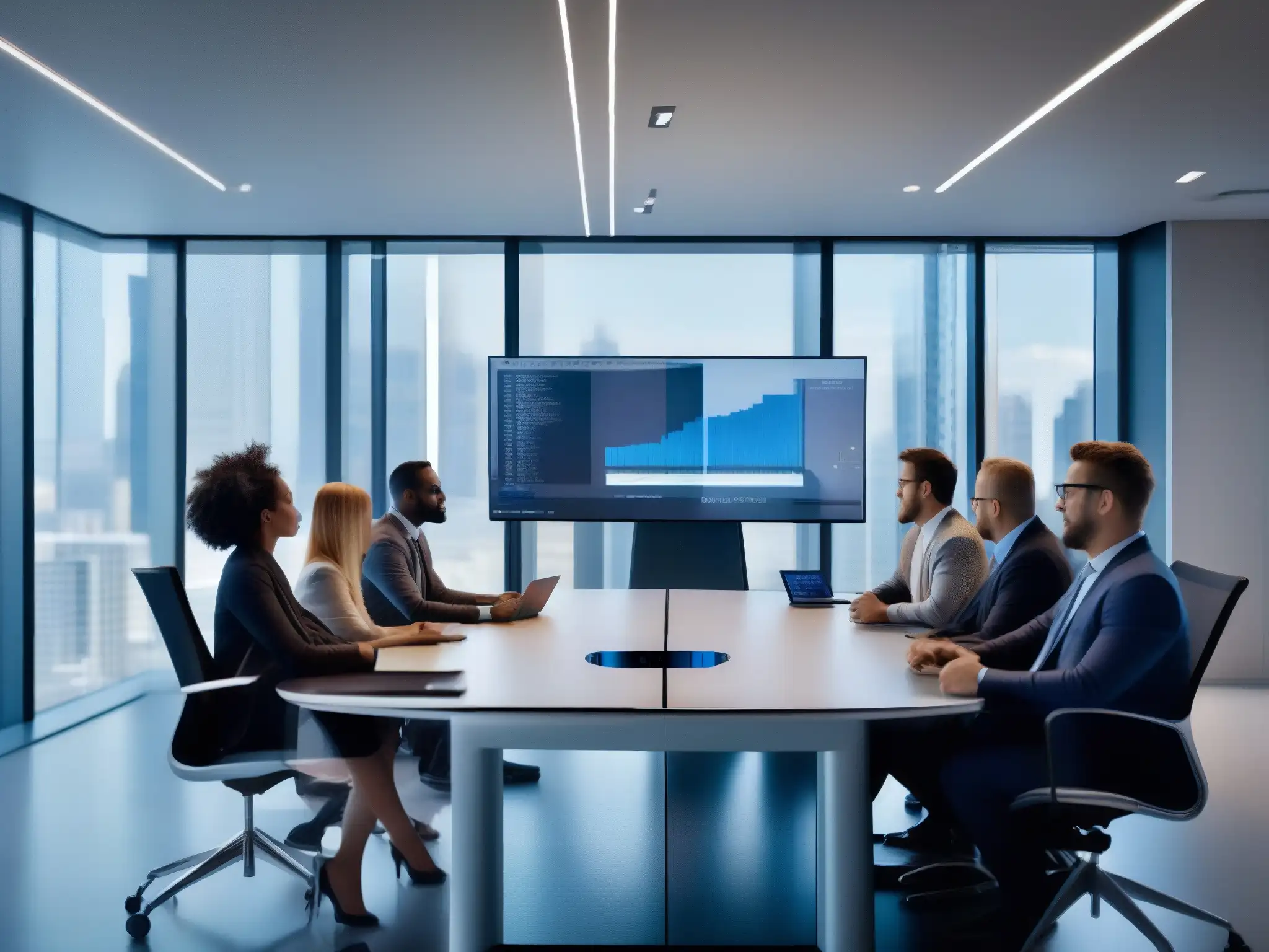 Profesionales de TI en videoconferencia Profesionales de TI en una moderna oficina, discutiendo frente a una pantalla de videoconferencia de alta definición