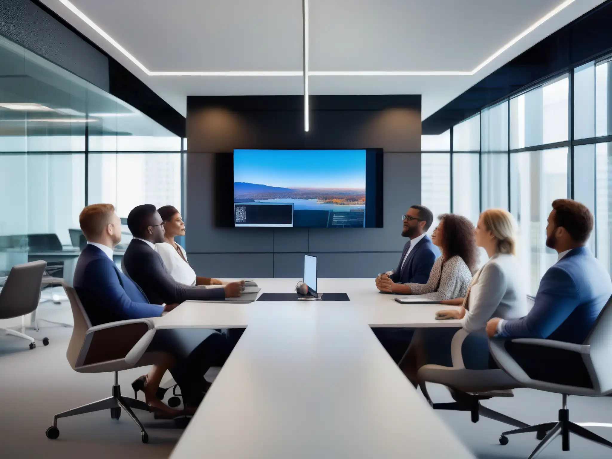 Videoconferencia profesional: colaboración eficiente en entorno moderno Profesionales colaboran en una moderna oficina con herramientas de videoconferencia para profesionales, creando un ambiente eficiente y profesional