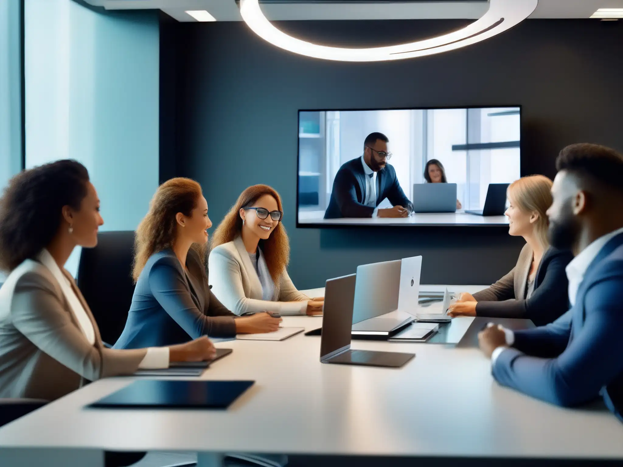 Profesionales en reunión con tecnología de vanguardia Profesionales colaborando en una moderna oficina con herramientas de videoconferencia para PYMEs, en una atmósfera de profesionalismo y colaboración