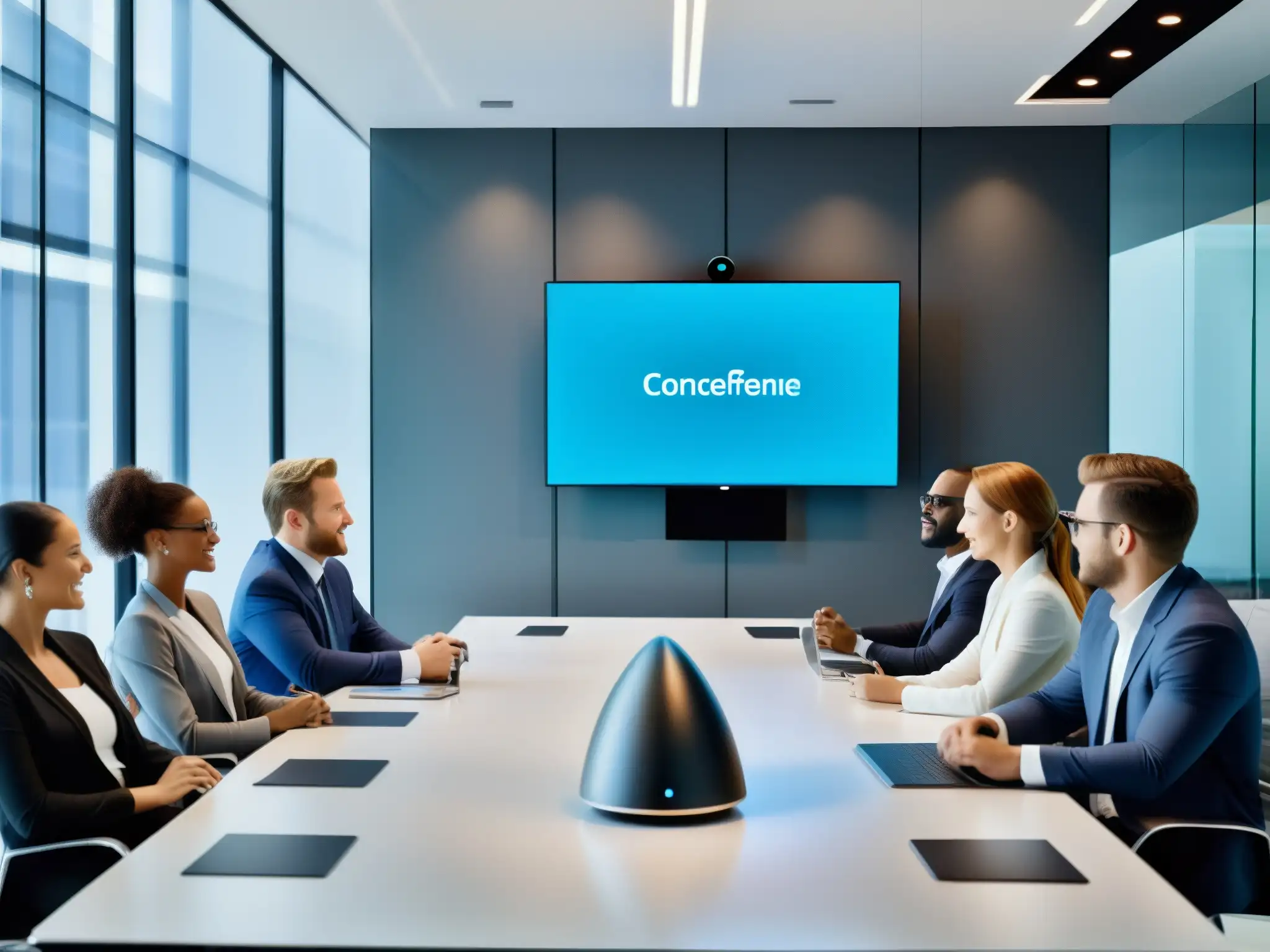 Reunión de profesionales en oficina moderna con videoconferencia Profesionales en una moderna oficina, usando las mejores herramientas de videoconferencia para una reunión colaborativa y eficiente