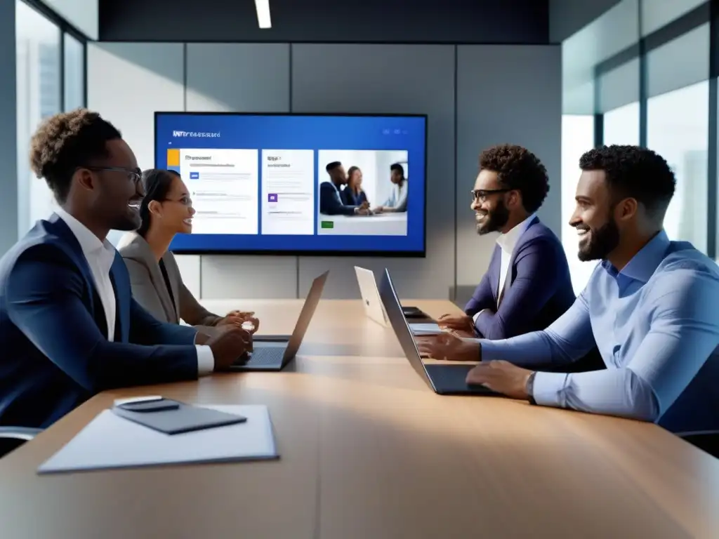 Reunión en Microsoft Teams: Colaboración Profesional Profesionales colaboran en una moderna oficina con reunión virtual en Microsoft Teams, mejorando productividad en reuniones virtuales Teams
