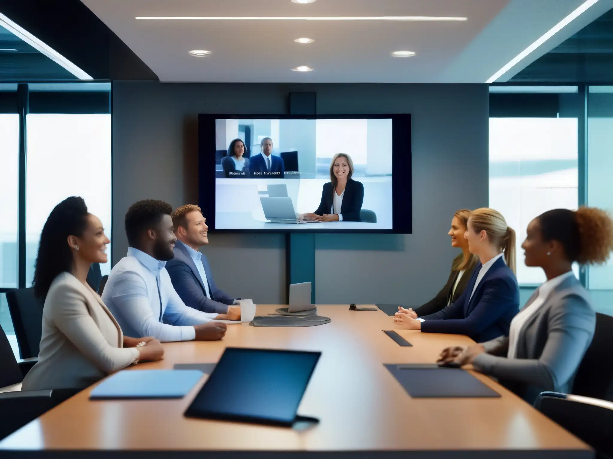 Profesionales enfocados en videoconferencia de alta tecnología Profesionales en una moderna oficina, usando tecnología de videoconferencia con diseño de interfaz intuitivo