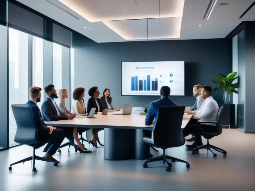 Reunión de profesionales en oficina moderna Profesionales en una moderna oficina, en videoconferencia