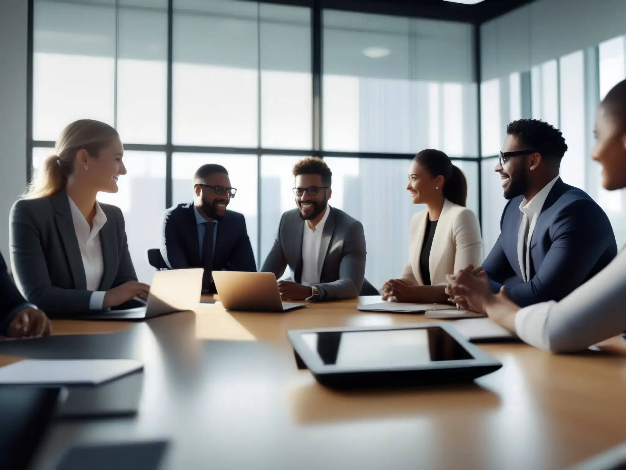 Reunión virtual de profesionales en espacio moderno 'Profesionales en una moderna oficina, colaborando en una videoconferencia