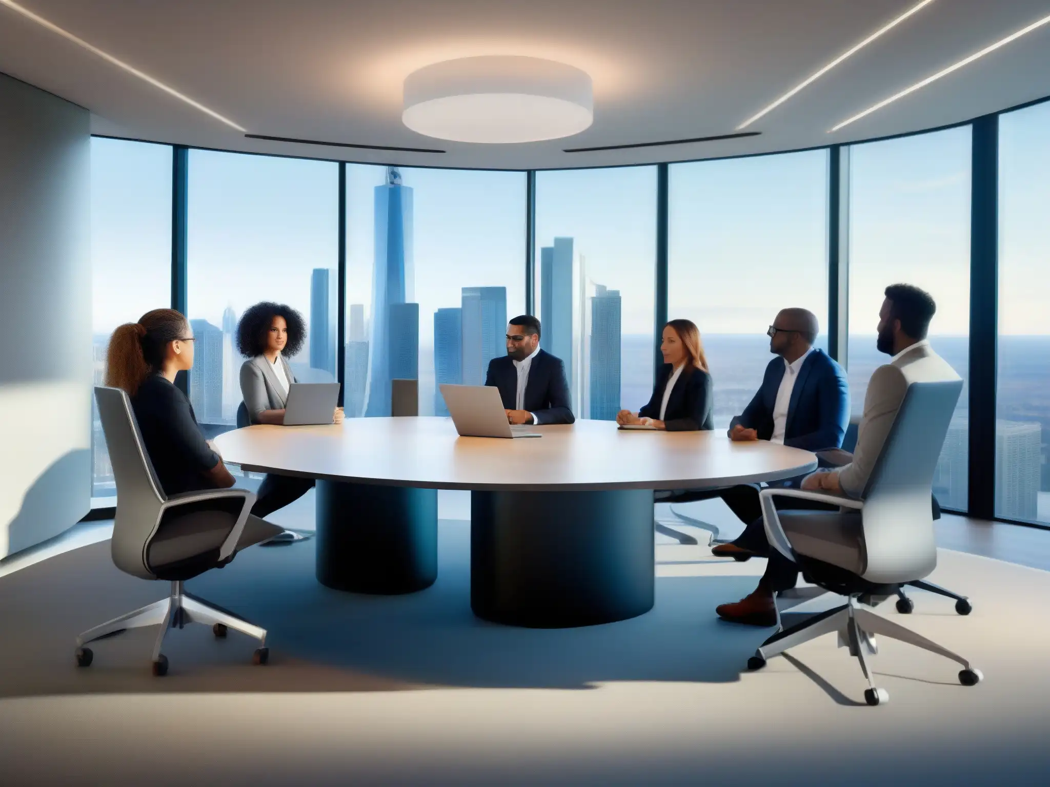 Reunión colaborativa con Microsoft Teams en oficina moderna Profesionales usan Microsoft Teams en moderna oficina con vista a la ciudad