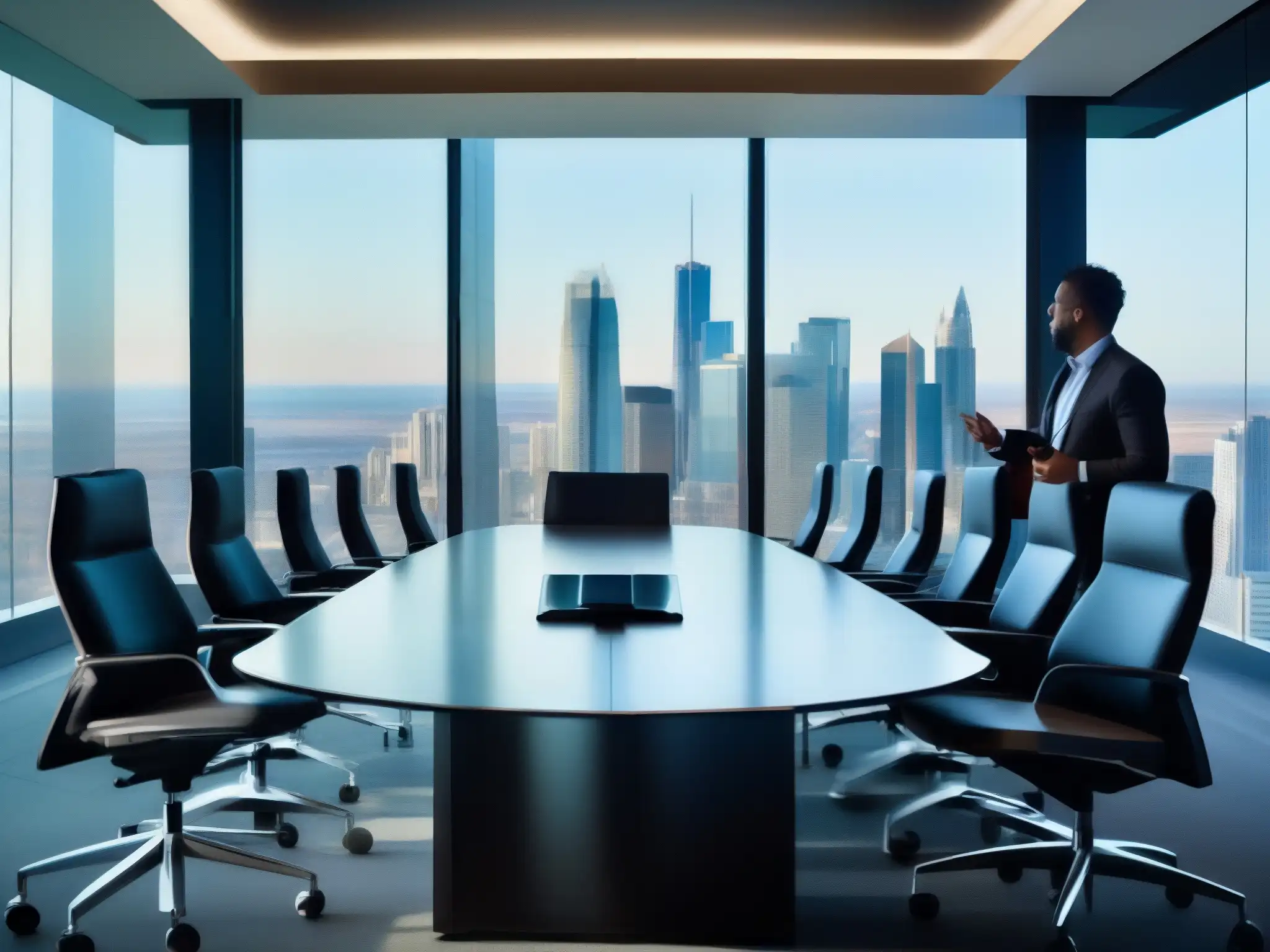 Sala de juntas moderna con vista panorámica y tecnología de vanguardia Profesionales colaborando en una moderna sala de juntas con equipo de videoconferencia de alta gama